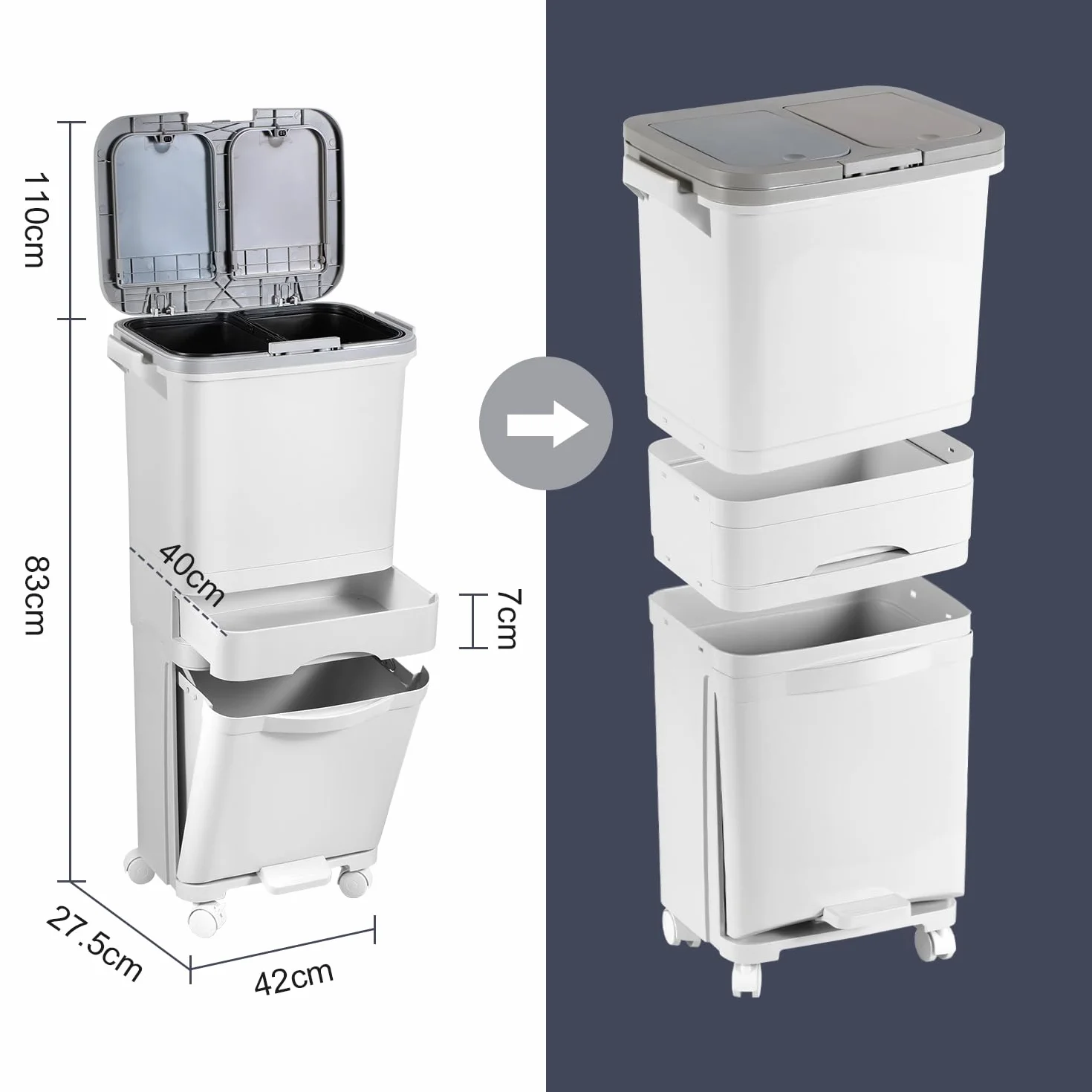 Fiqops Cubo de basura para cocina 42L con 3 compartimentos, separador de seco y húmedo, cubo de basura con pedal y ruedas para cocina, oficina y hogar, color blanco