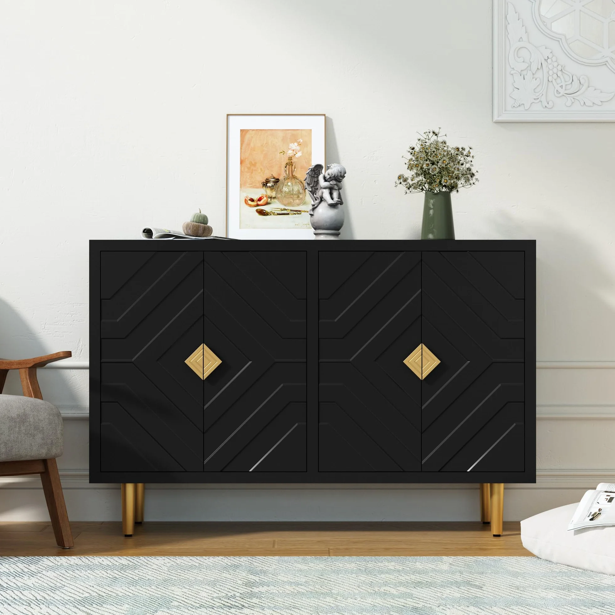 HOLTICO Cómoda de 4 puertas, armario de cocina, armario de almacenamiento, armario para salón, cocina, dormitorio, negro