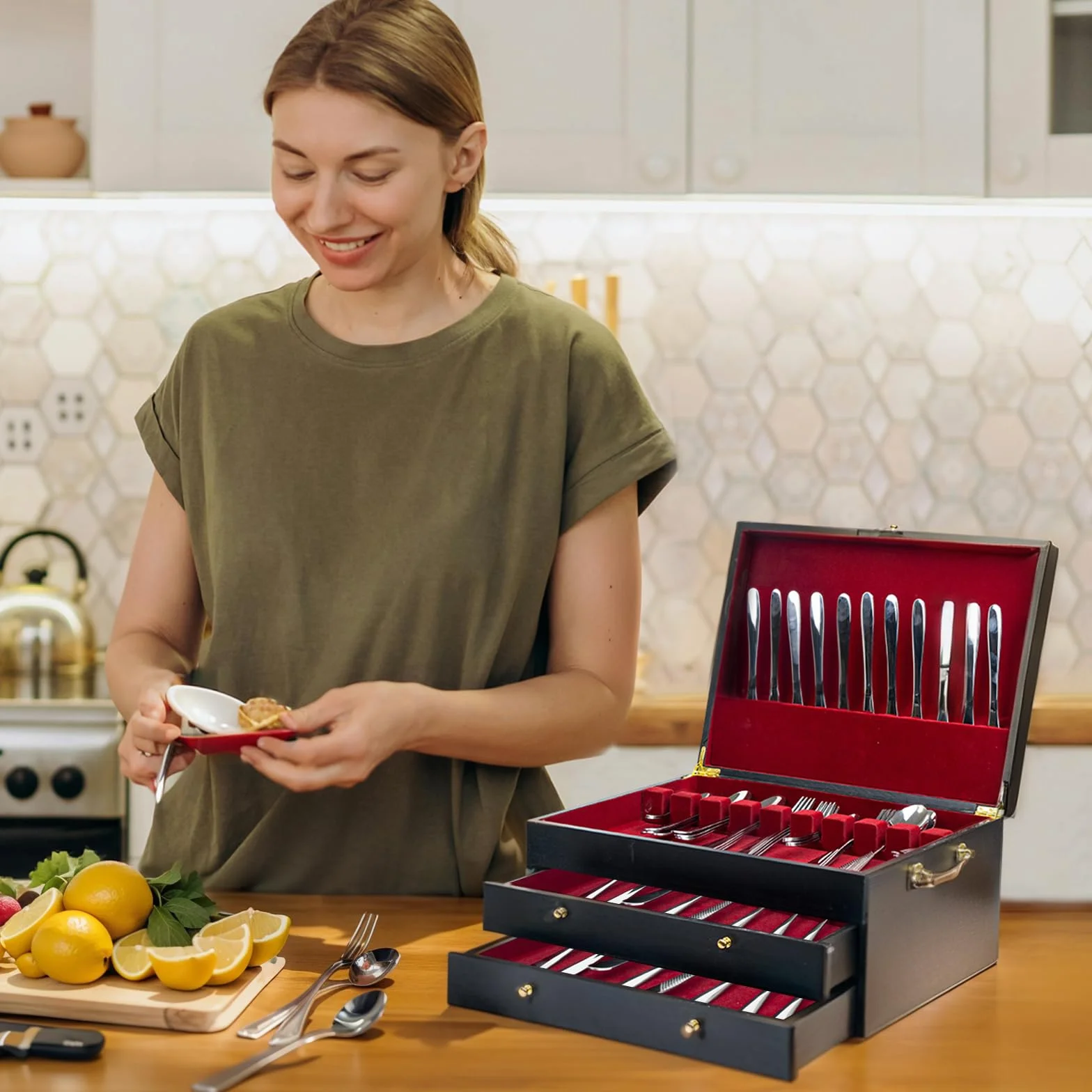 Caja de almacenamiento de cubiertos, caja de madera de 3 capas con cajón, funda para cubiertos con asa y forro de fieltro, organizador de cubiertos y utensilios de cocina de 15.4 x 11.4 pulgadas
