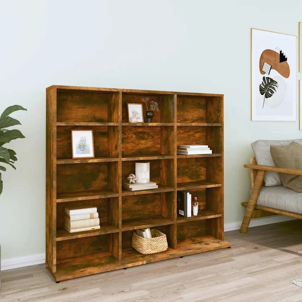 Estantería para CD, madera de roble ahumado, 100 x 23 x 89,5 cm, compartimentos abiertos para CD, DVD y discos de vinilo, versátil como estantería de archivos o armario de almacenamiento
