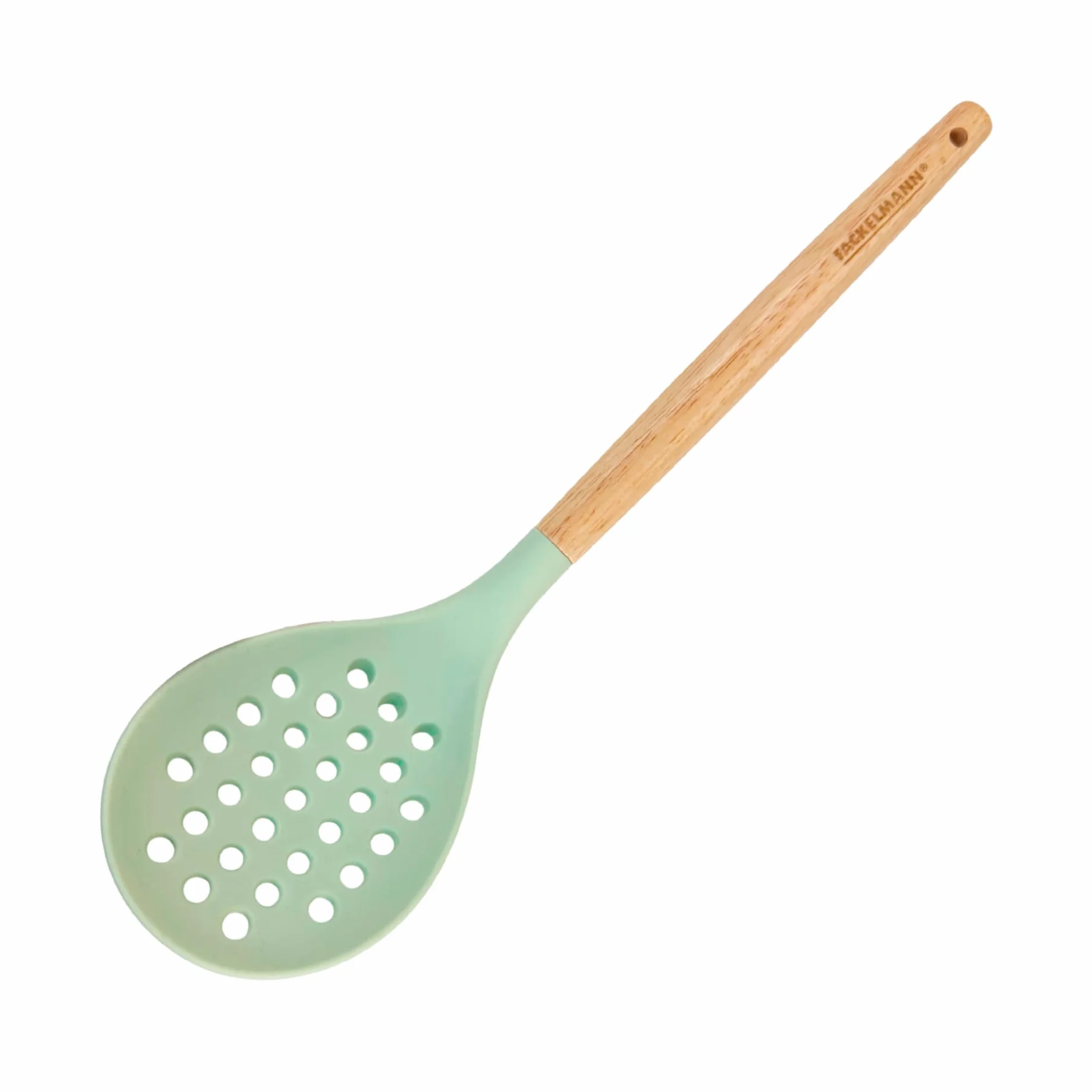 Fackelmann Ocean Espumadera de Silicona con Núcleo Rígido de Acero, Mango de Madera Ergonómico, 32x8 cm, Verde Agua
