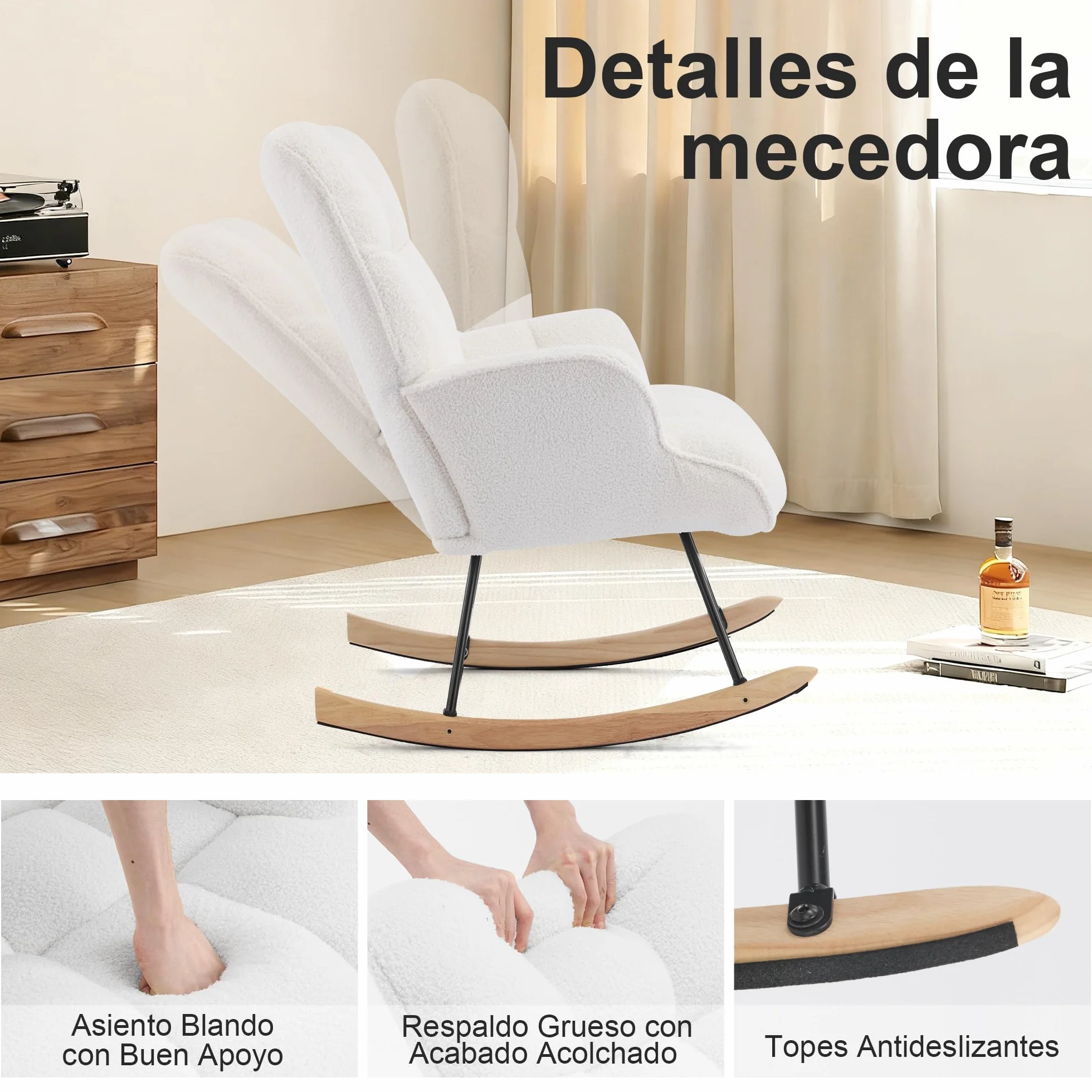 Silla Mecedora para Lactancia, Sillón Balancín Teddy Tapizado en Peluche Suave con Base de Madera Silla de Relax Cómoda con Brazos para Sala, Dormitorio y Habitación Infantil Blanca