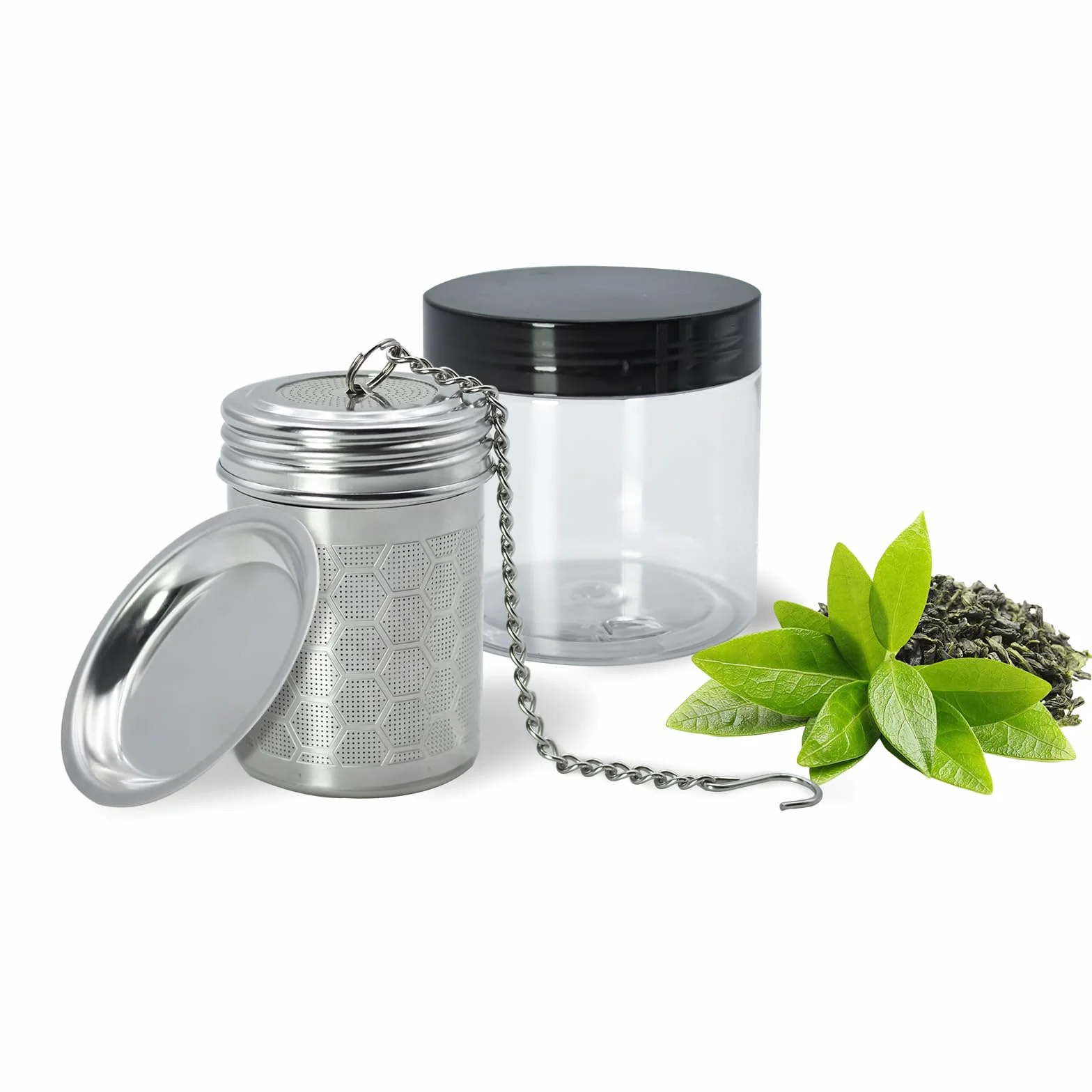 Infusor de té para té suelto, acero inoxidable, hojas sueltas, colador de té de malla fina con cadena larga y 1 bandeja de goteo, jarra infusora de té caliente para té suelto, té de hierbas,
