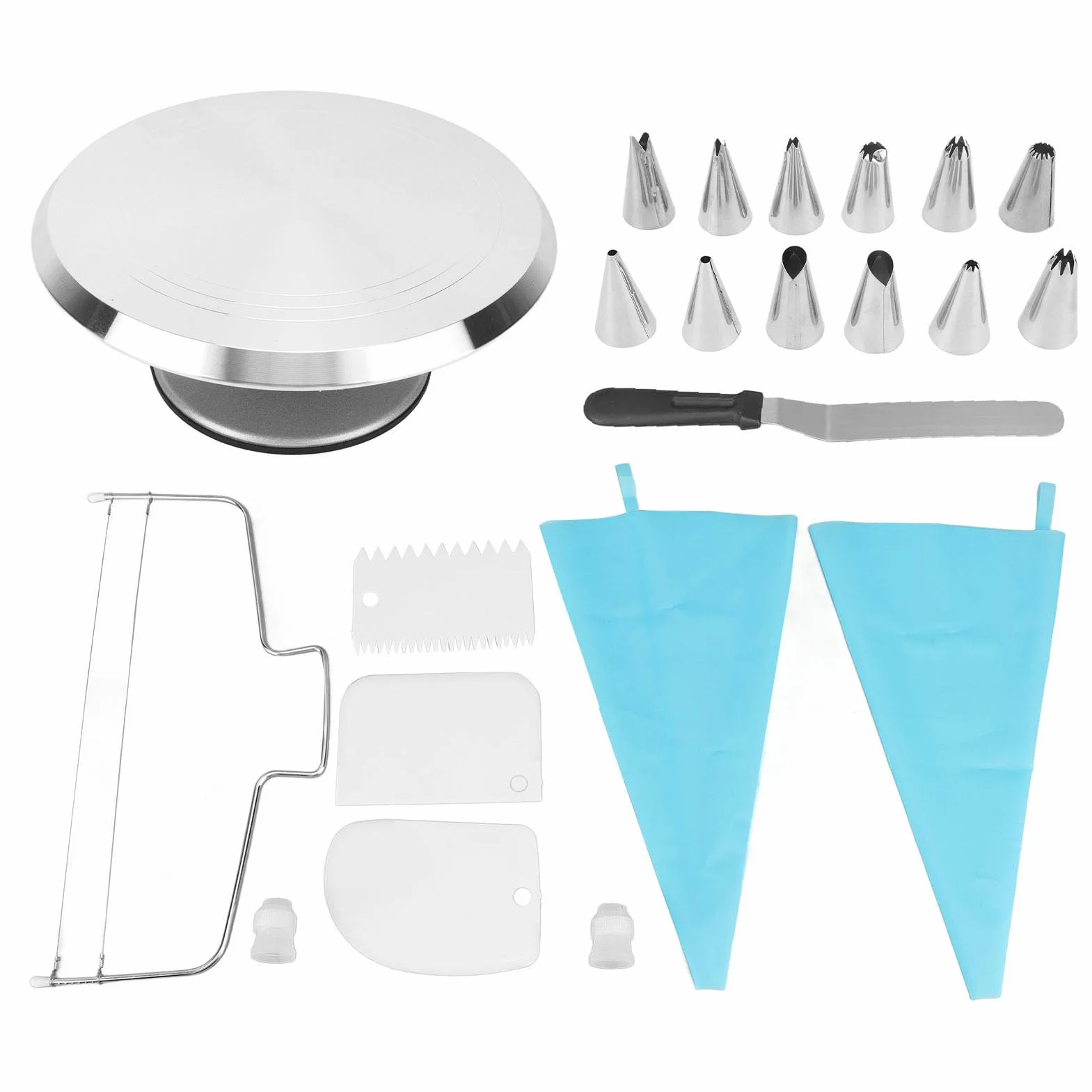 AMONIDA Kit de Decoración de Pasteles de 22 Piezas con Plato Giratorio de Aleación de Aluminio de 12 Pulgadas Ideal para Panaderos Profesionales y Domésticos Incluye Herramientas Esenciales para