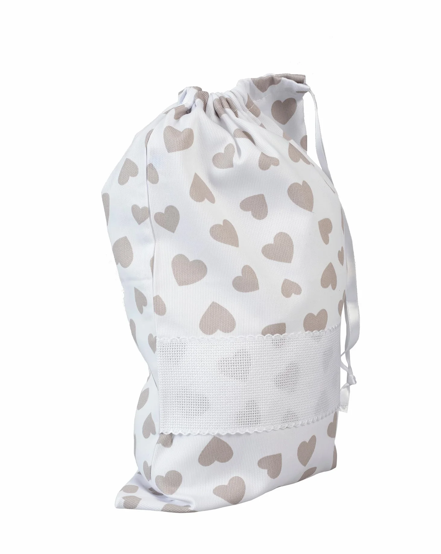 Filet - Bolso De Canastilla Bebé con Cierre De Cordón para Bordar, Fabricada en algodón Piquet Estampado, Fabricada en Italia, Fantasía Corazones Beige, Moderno