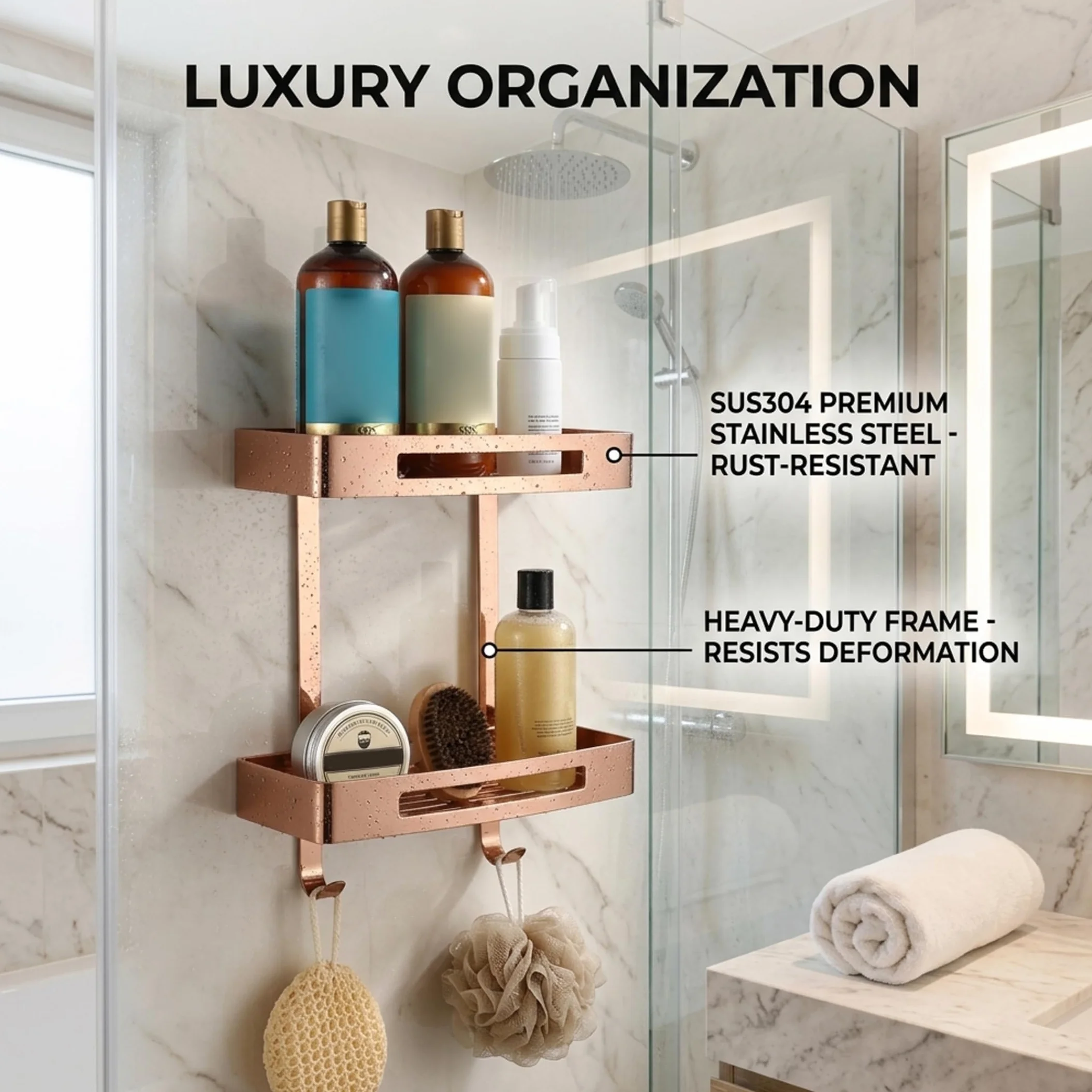 Estante esquinero para baño, carrito de ducha de doble nivel, organizador de pared adhesivo de acero inoxidable 304 con ganchos, oro rosa sin taladro