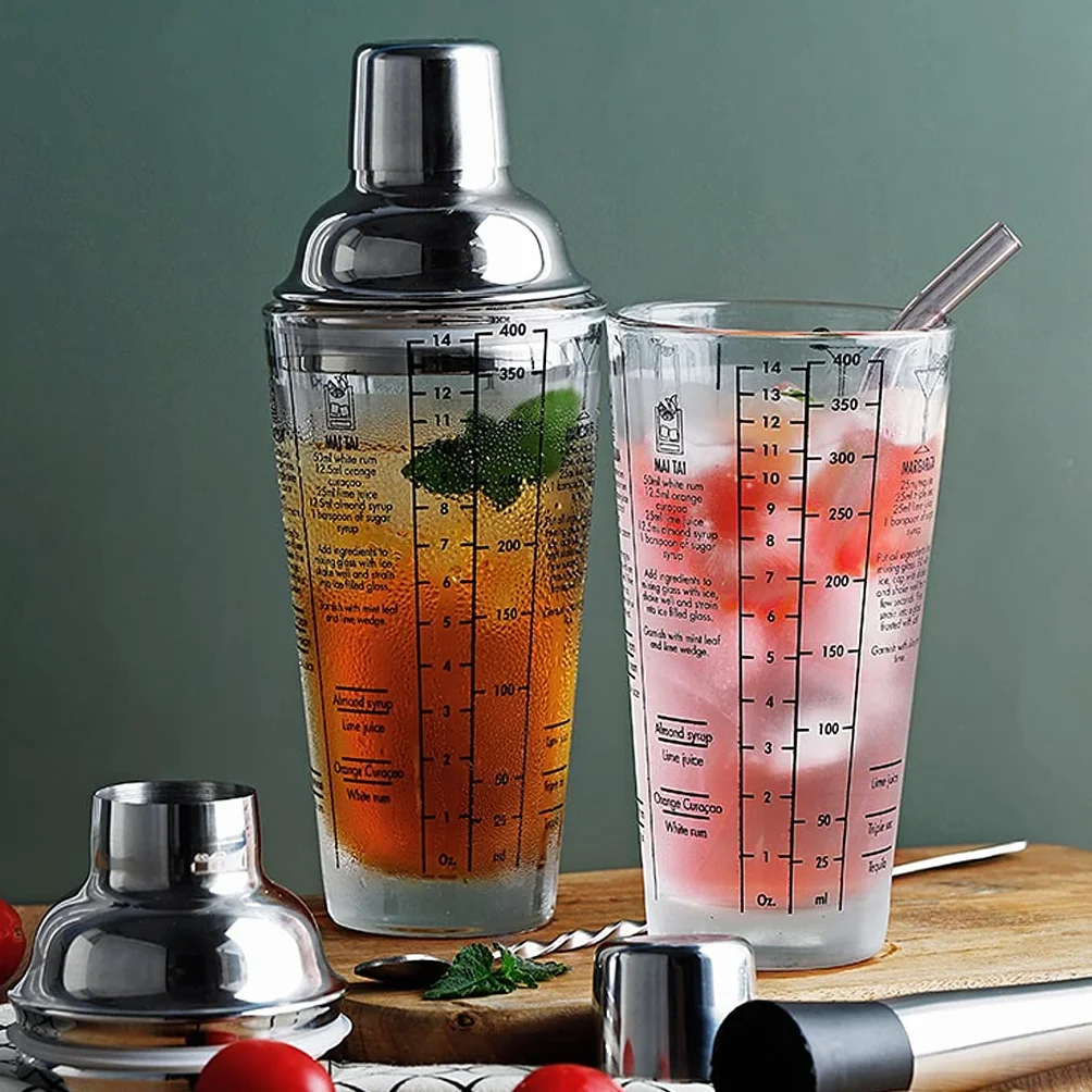 Coctelera para Cócteles Coctelera de cóctel, agitadora de bebidas, recetas de martini medido mezcla de vidrio y acero inoxidable superior zapatero, mejor regalo para principiantes Juego de cóctel