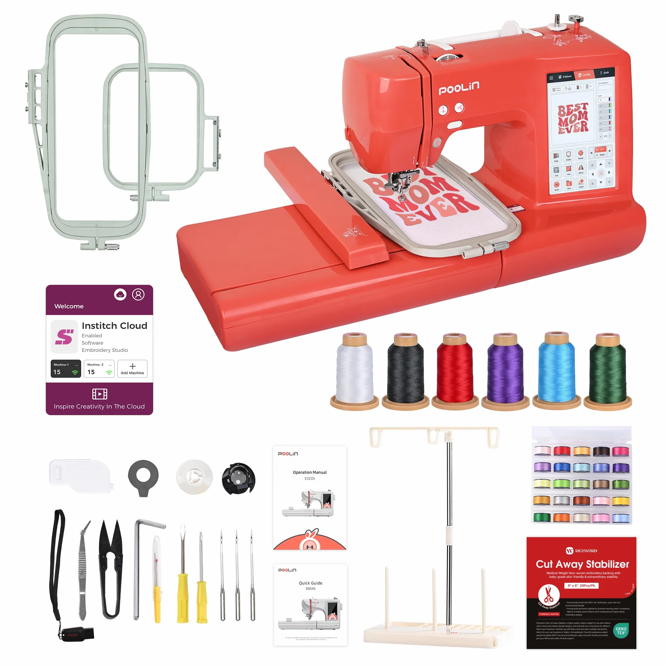 PooLin EOC05 máquina de bordar - Rojo - Máquina de bordar electrónica – Pantalla LCD táctil de 7", marcos de 10×10 cm y 10×23,5 cm, importación de motivos USB/Wi-Fi, ideal para principiantes y
