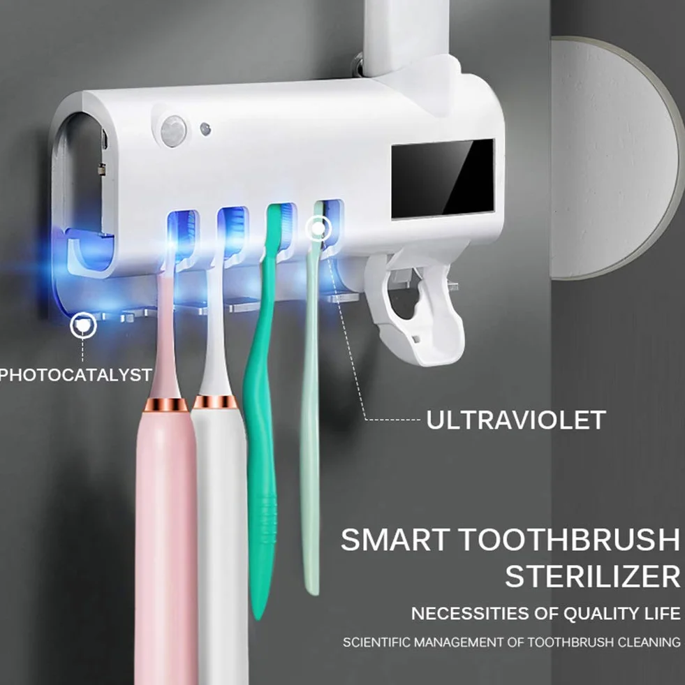 Soporte desinfectante para cepillos de dientes con dispensador automático de pasta de dientes, inducción corporal, capacidad de 5 cepillos de dientes, montaje sin calcomanías,