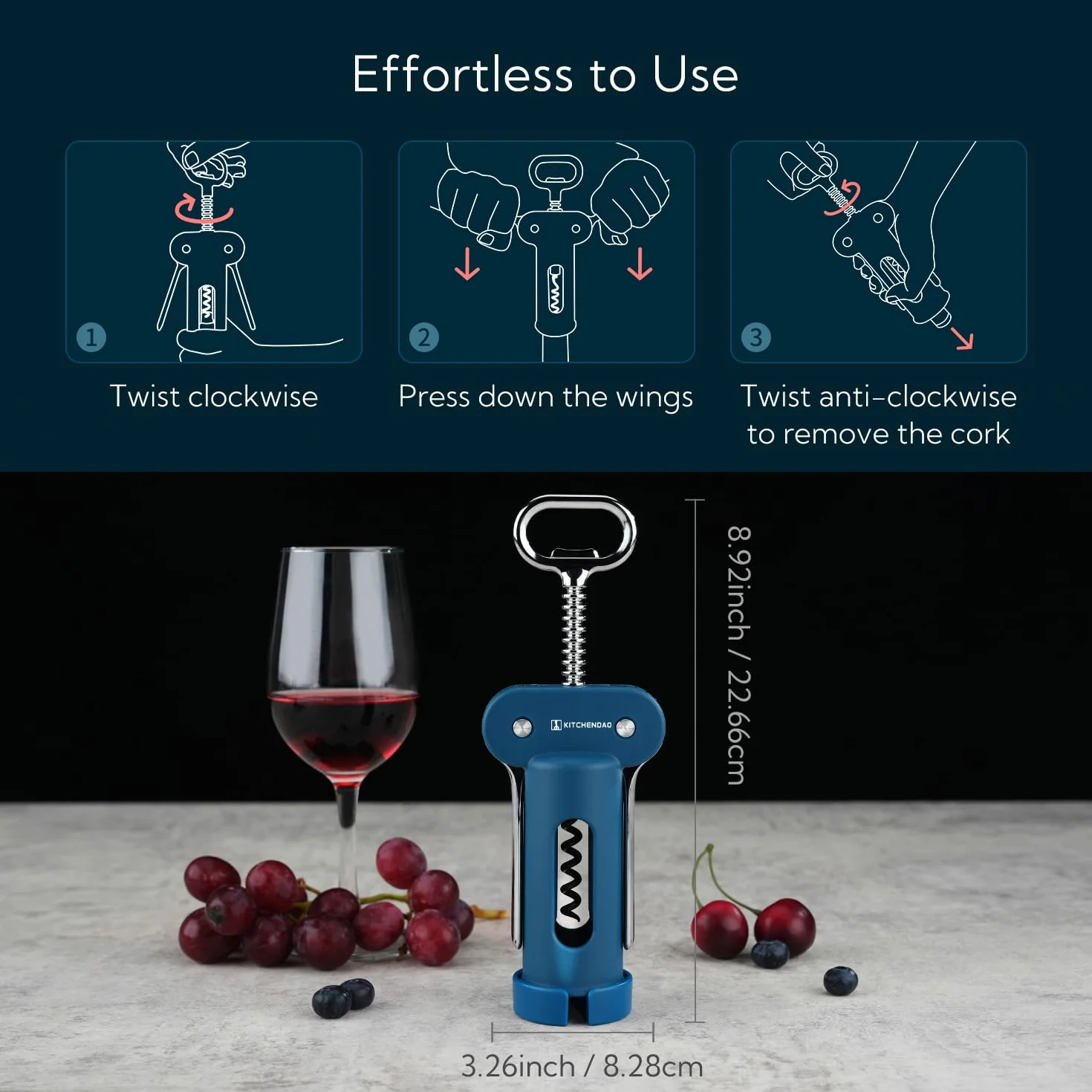 KITCHENDAO 3 en 1 sacacorchos abridor de vino azul