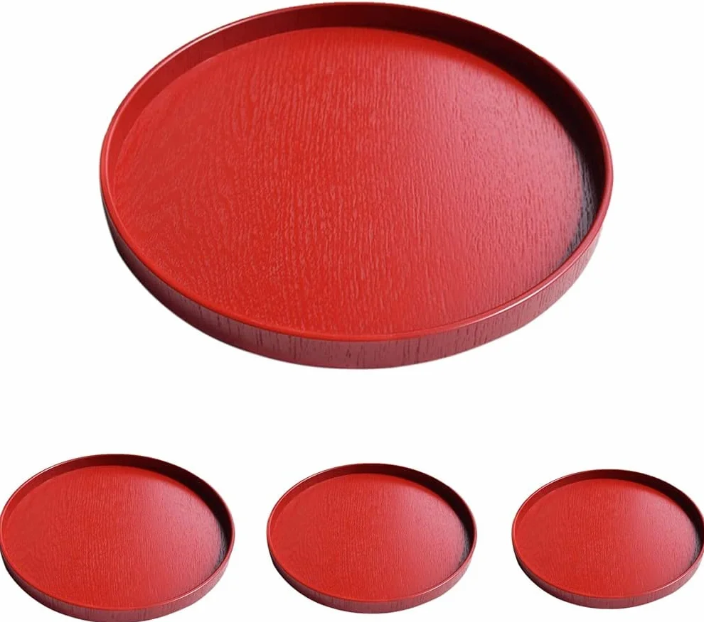 Bandejas Bandeja de baño roja de 21 cm, Plato de Madera Antideslizante Redondo, Bandeja de tocador para Servir Aperitivos, ensaladera, Bandeja de Almacenamiento Multifunción