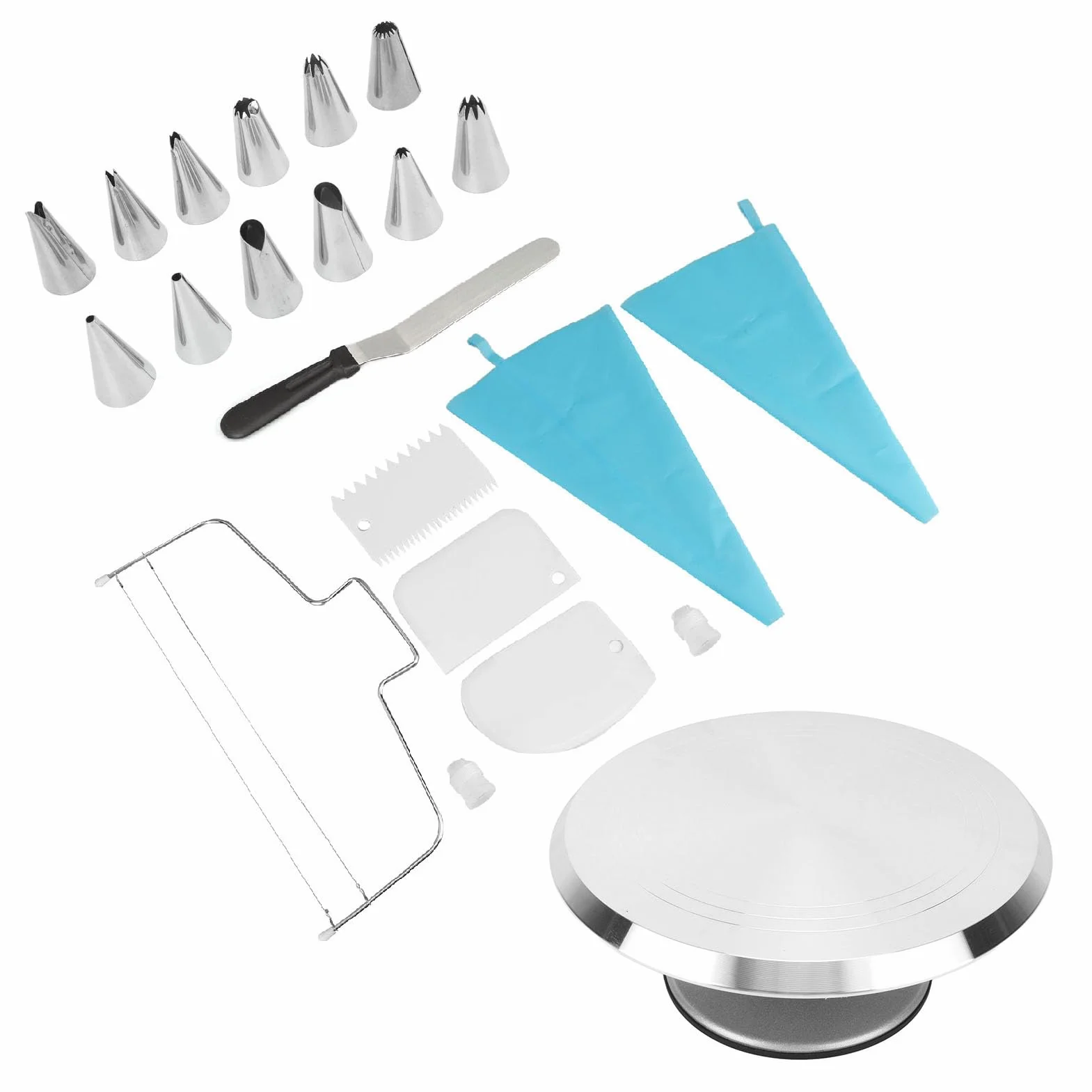 AMONIDA Kit de Decoración de Pasteles de 22 Piezas con Plato Giratorio de Aleación de Aluminio de 12 Pulgadas Ideal para Panaderos Profesionales y Domésticos Incluye Herramientas Esenciales para