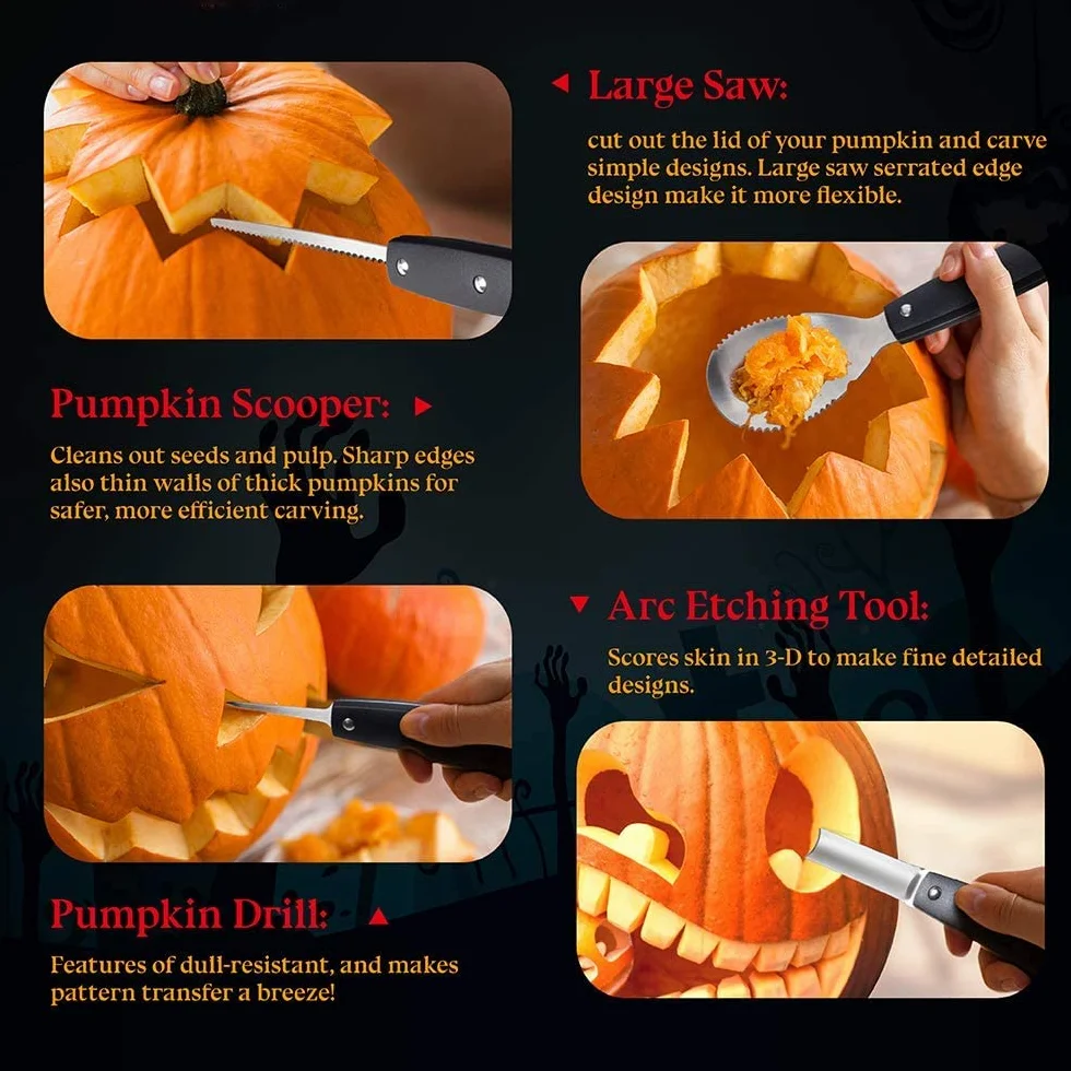 YUET Kit de talla de calabaza de Halloween, 5 piezas herramientas de talla para decoraciones de Halloween (negro)