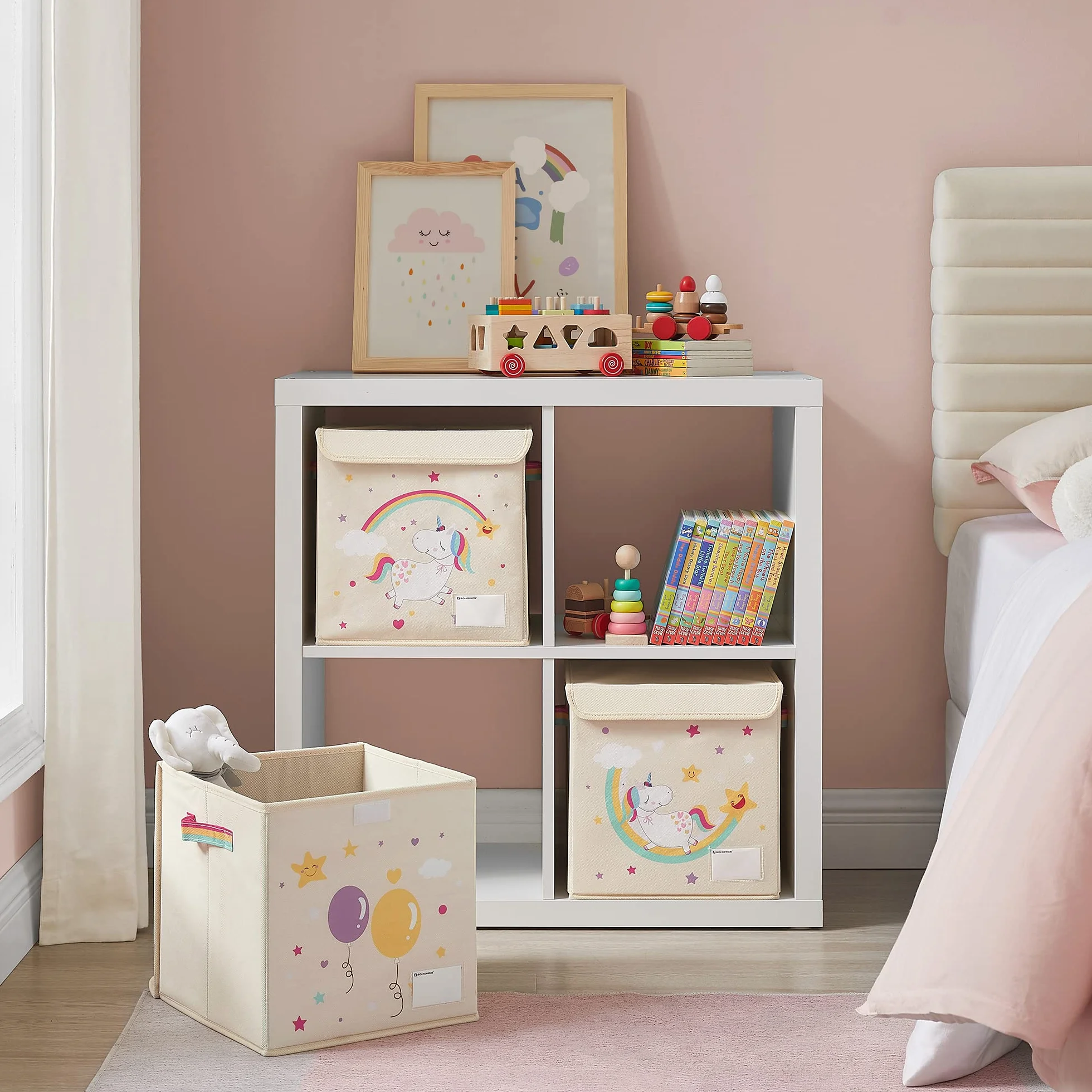 SONGMICS Juego de 3 Cajas de Almacenamiento con Tapa, Cubos Plegables 30x30x30 cm, Organizador de Juguetes, Beige