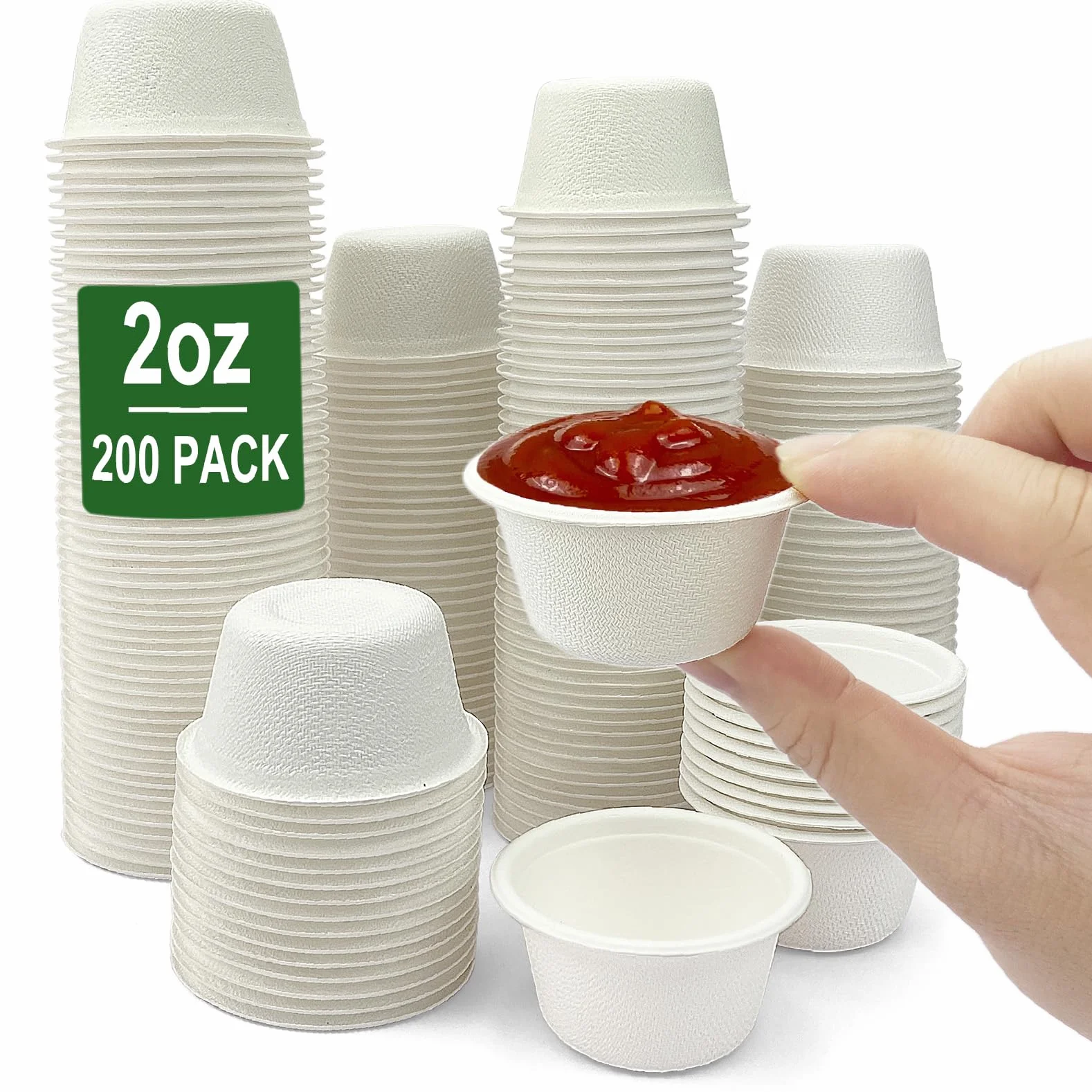 CAMKYDE Tazas desechables de fibra de bagazo de 2 onzas, 200 unidades, 100% biodegradables naturales compostables tazas de condimento tazas de muestra tazas de degustación (blanco, paquete de 200)