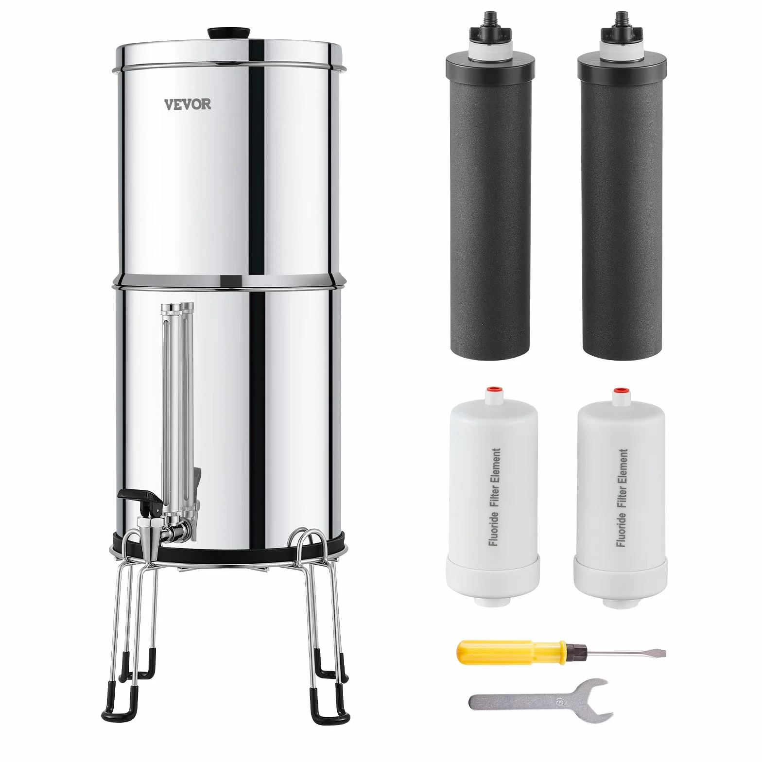 VEVOR Sistema de Filtración de Agua por Gravedad 7,5 L Sistema de Encimera Acero Inoxidable Reduce Plomo y hasta 99% de Cloro con 2 Filtros de Carbón Activado, 2 Filtros de Desfluoración, Grifo