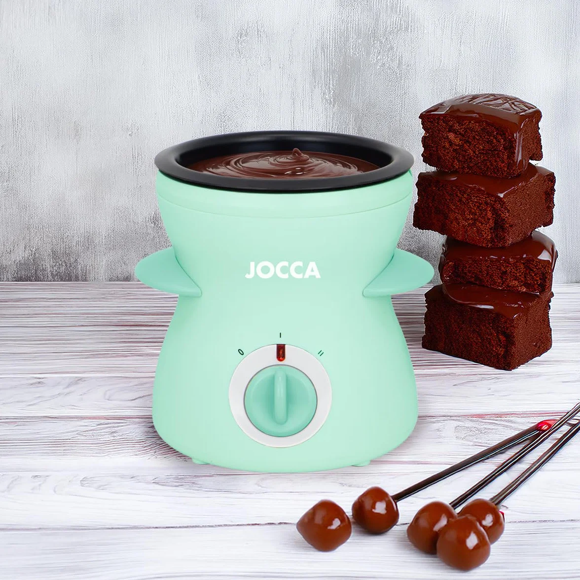 Jocca Mini fondue eléctrica 350 ml 2 niveles temperatura antiadherente extraíble 4 tenedores turquesa