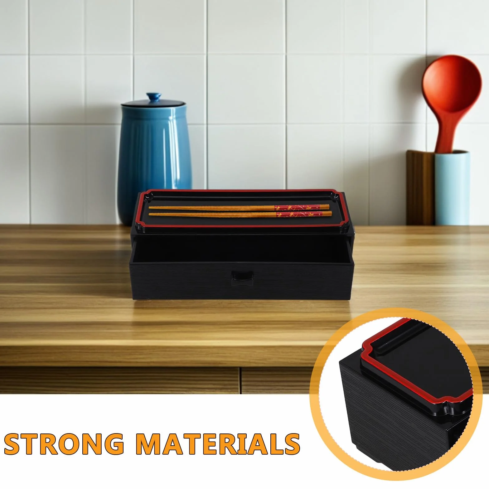 Caja de Almacenamiento de Palillos y Cubiertos Diseño Japonés, Madera Negra Vetas, Mecanismo Extraíble, 1 Pieza, Organizador para Cocina y Comedor, Porta Cubiertos Compacto