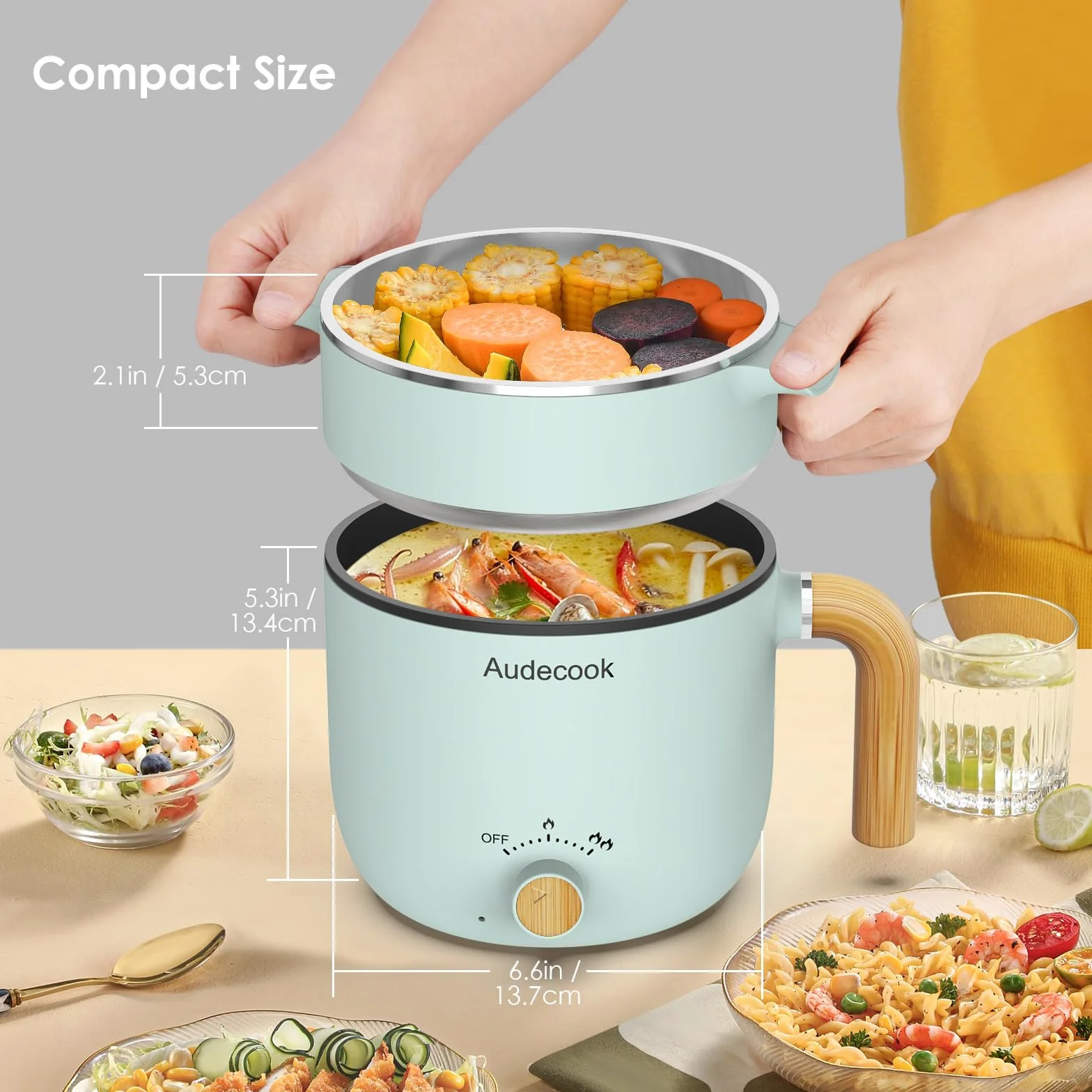 Audecook Olla Eléctrica 1,5L Mini Olla Multifuncional Portátil con Vaporera y Doble Control de Potencia