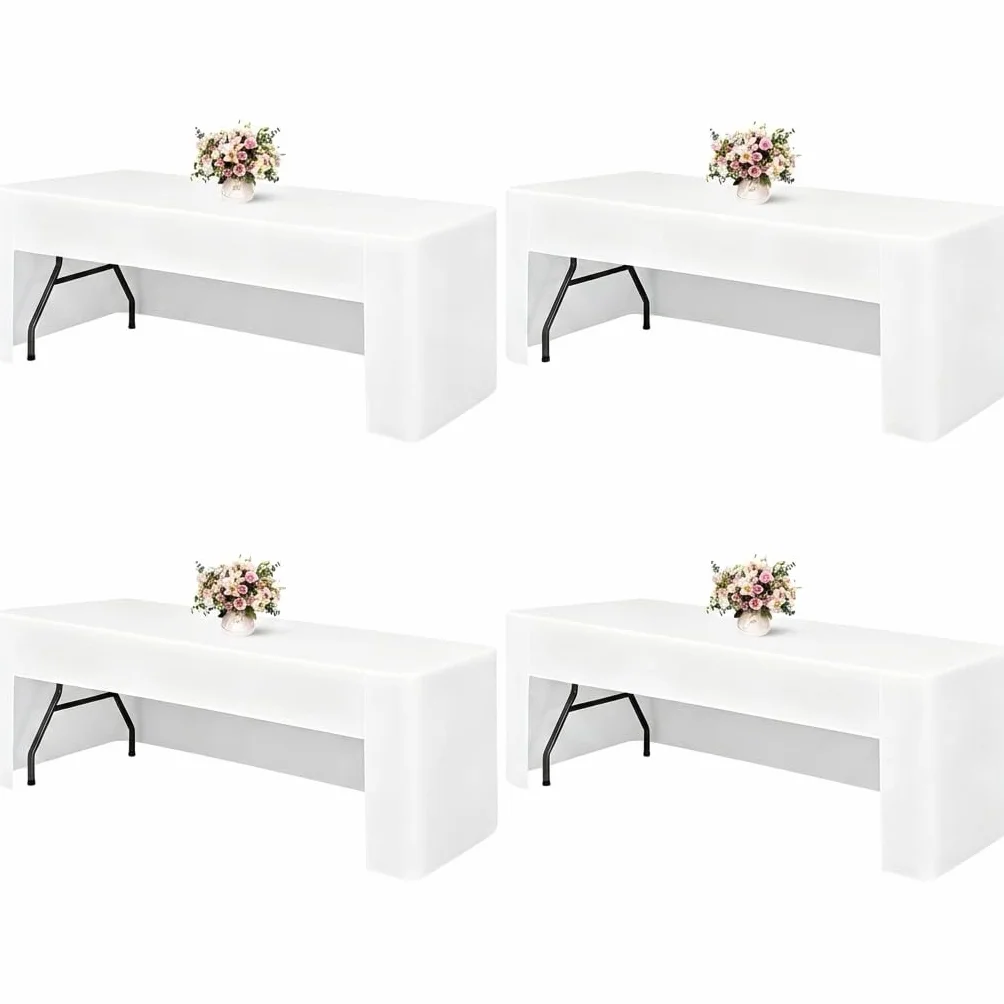 Teruntrue Paquete de 4 manteles ajustables para mesas rectangulares de 1,8 m, tela lavable, para ferias, ferias, fiestas, bodas, eventos, color blanco