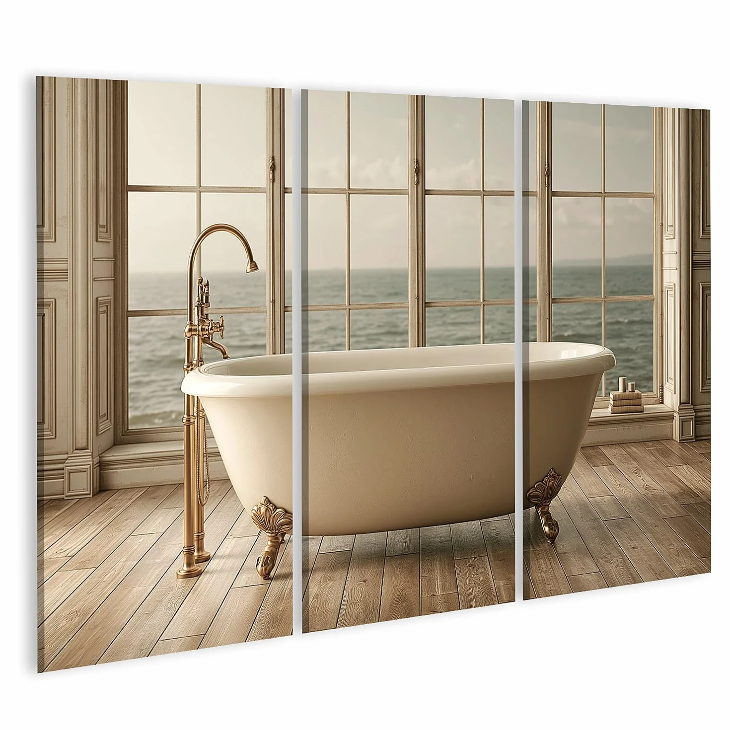 islandburner Cuadro sobre lienzo Exclusiva bañera con vistas al mar Mural Baño para amantes de la relajación - 3 piezas