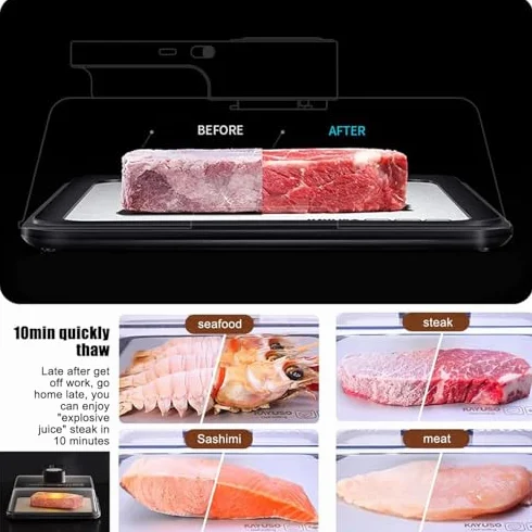 Bandeja de descongelación rápida para carne congelada con tecnología de flujo de aire, incluye tapa y temporizador recargable para filetes, pollo, mariscos