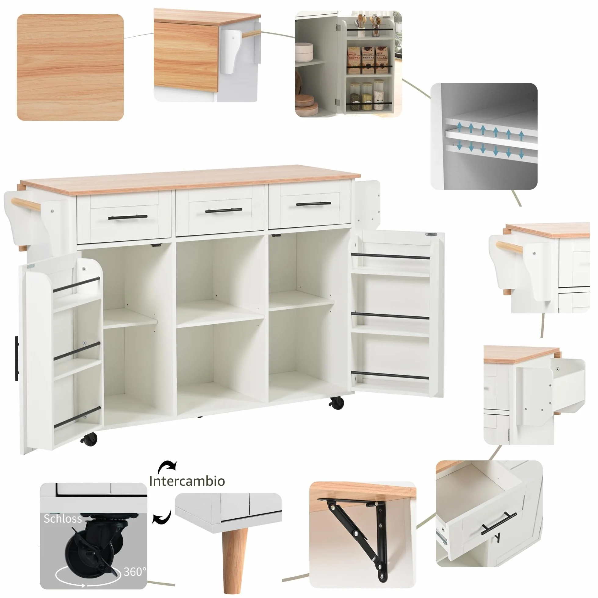 Isla de cocina con superficie de trabajo abatible, isla de cocina móvil con carro de servir sobre ruedas con 3 cajones/2 compartimento cerrado/patas intercambiables de madera maciza, 129x46(71