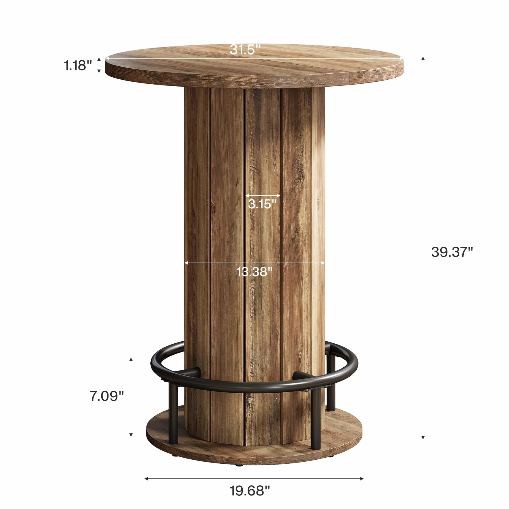 Tribesigns Mesa alta redonda de 100 cm de alto, mesa de bar de madera con reposapiés de anillo de metal para comedor, café, cóctel, color marrón (solo mesa)