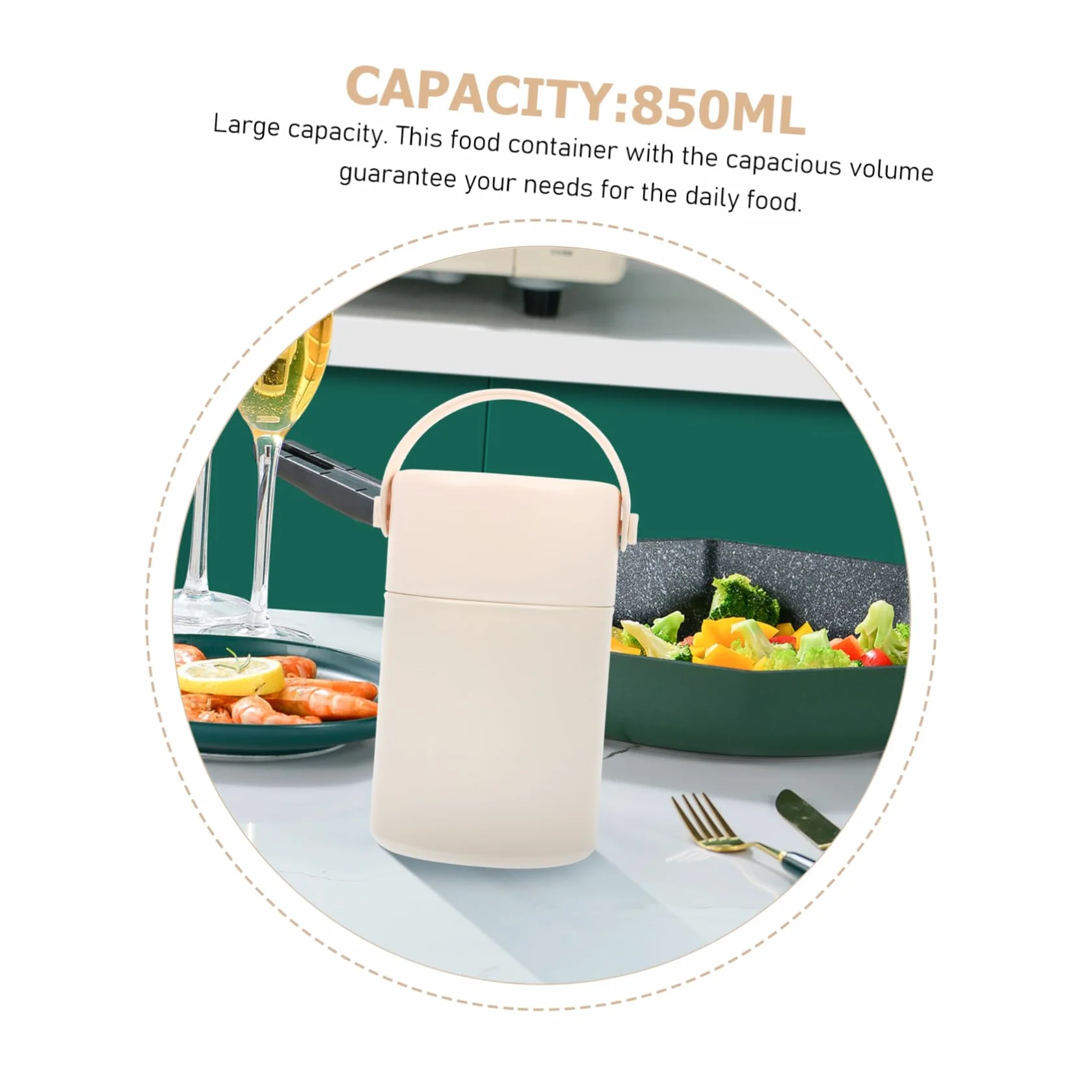 Tarro Aire Calor de al Actividades el Libre Mantiene Comida Térmico Acero Inoxidable 850ml Beige con Cuchara Asa, Fácil de Transportar