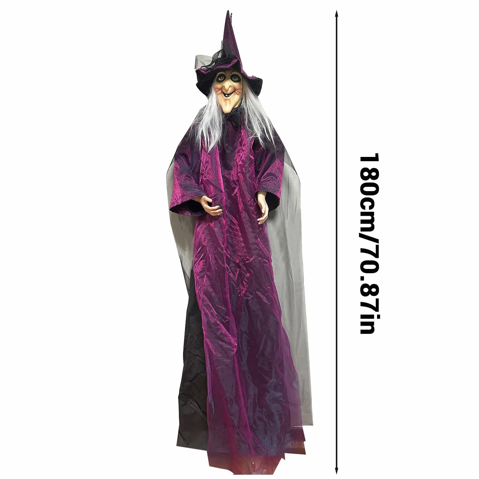 Bruja de Halloween tamaño natural, cuerpo completo, rellena, con batería, movimiento, accesorios