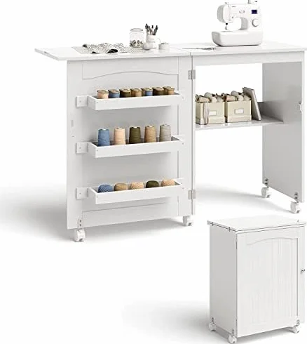 FANTASK Mesa de Costura Plegable 2 en 1 de Madera con 3 estantes para bobinas y Ruedas con Bloqueo, Color Blanco