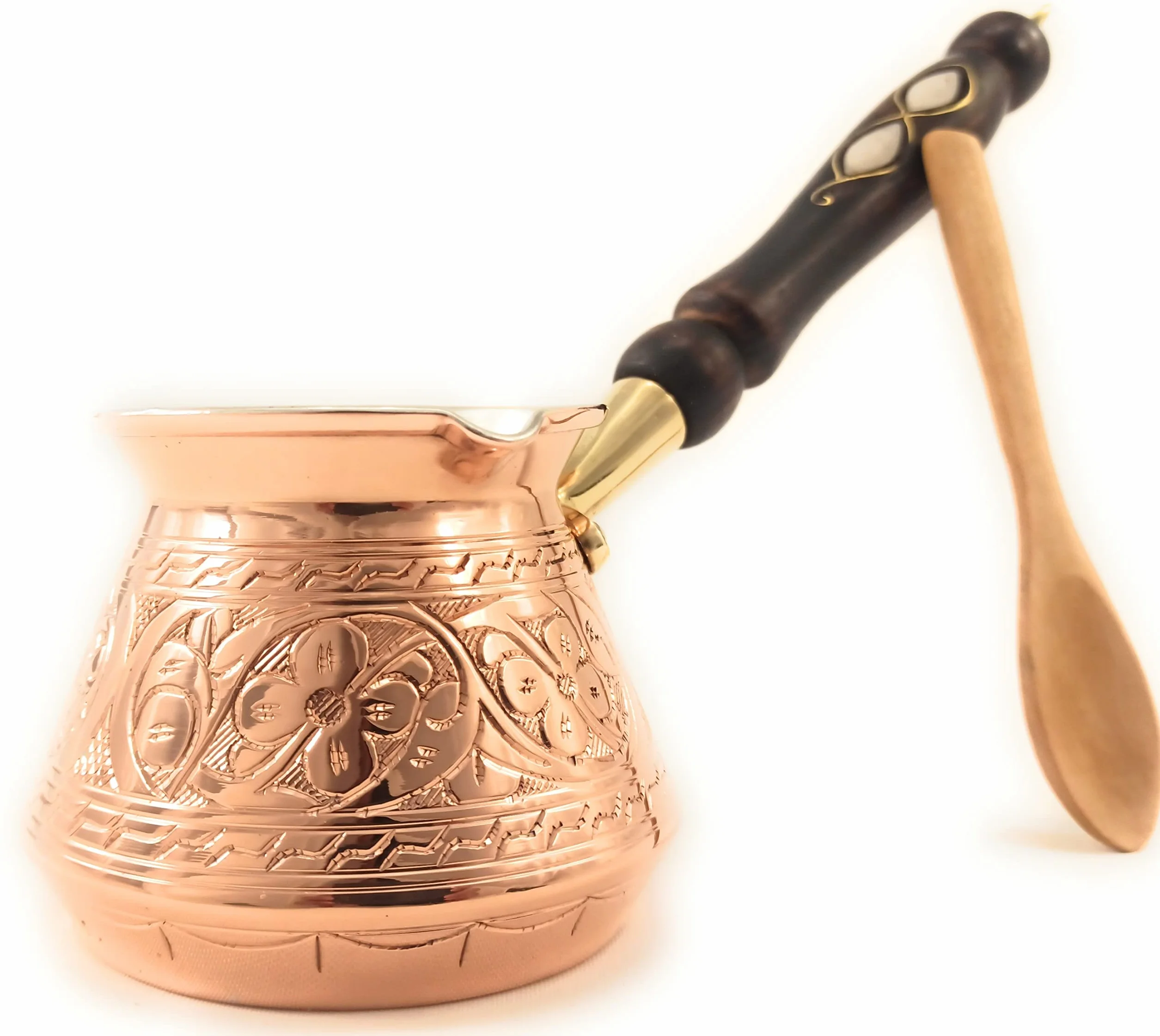 Serie ACI (mediano-13 onzas líquidas) – Cafetera turca árabe griega turca de cobre sólido más gruesa con mango de madera, cafetera de estufa, Jazzve, Cezve, Ibrik, Briki, Café Turco