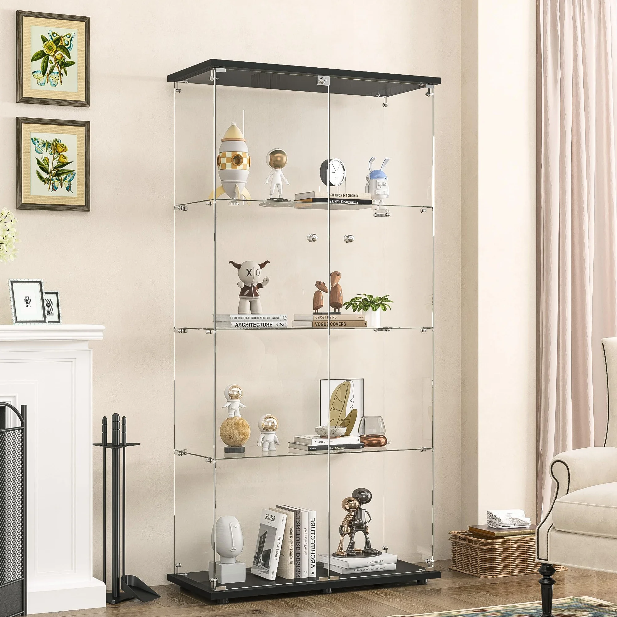 Vitrina de Cristal,164x80.5x36.5cm,Vitrina Expositora para Colecciones con 4 Estantes 2 Puerta con Cerradura,Gabinetes de Vidrio para Salón Dormitorio,Pasillo,Vitrina Cristal,Negro