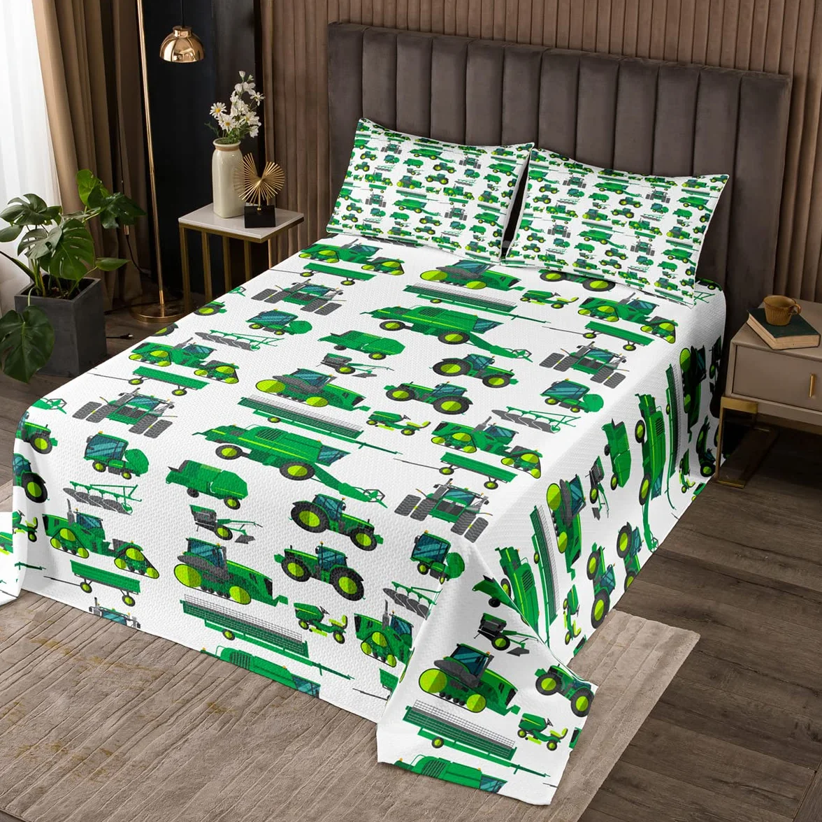 Equipamiento Camiones Acolchada Excavadoras para Niños Niños Niñas Niños Niños Verde Vehículo Coverlet Set Construcción Suave Tractor Acolchado King