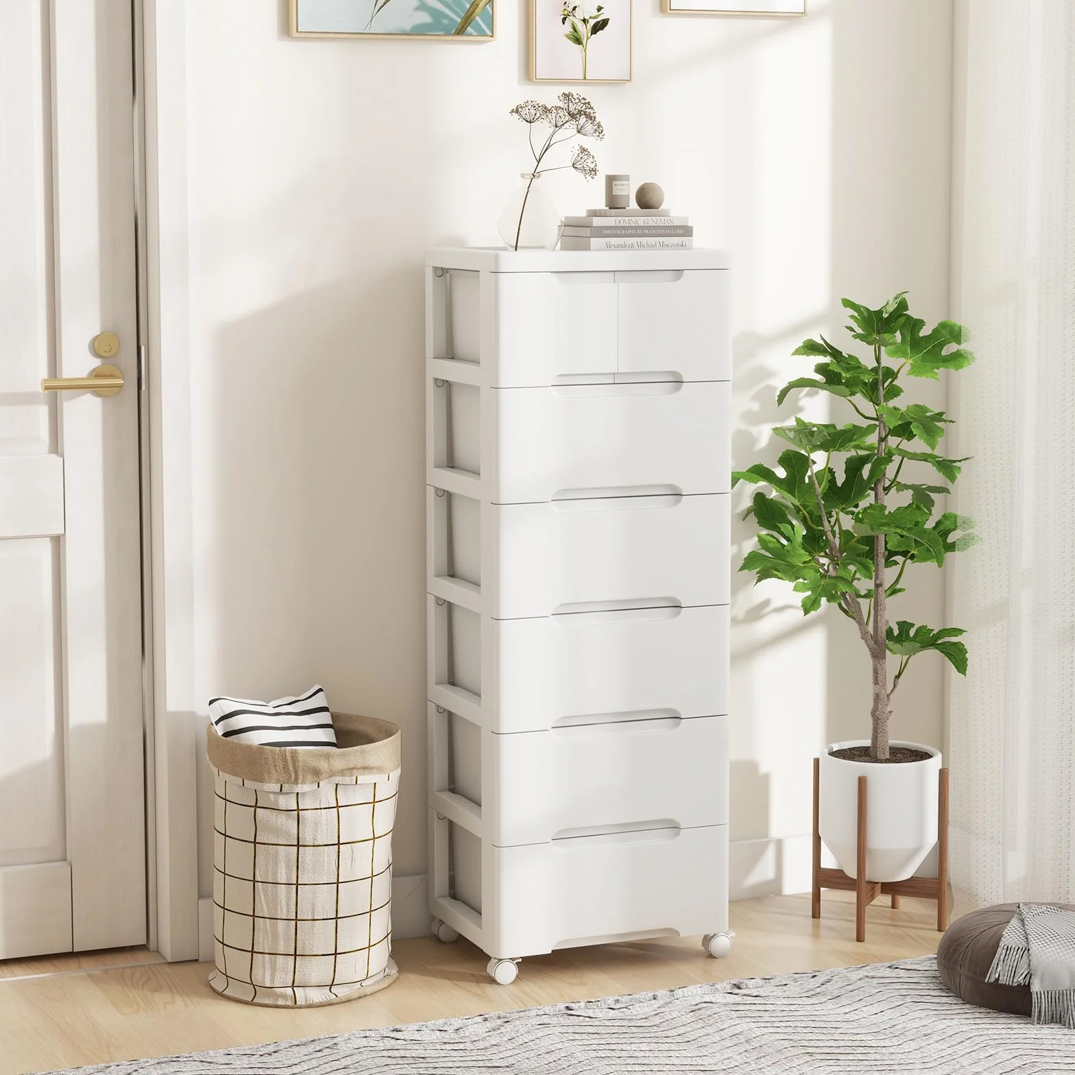 GOPLUS Carro de Almacenamiento de Plástico con Cajones, Mueble Organizador Móvil con 4 Ruedas Universales, Contenedor de Almacenamiento Vertical para Dormitorio, Oficina (Blanco, 6 Cajones)