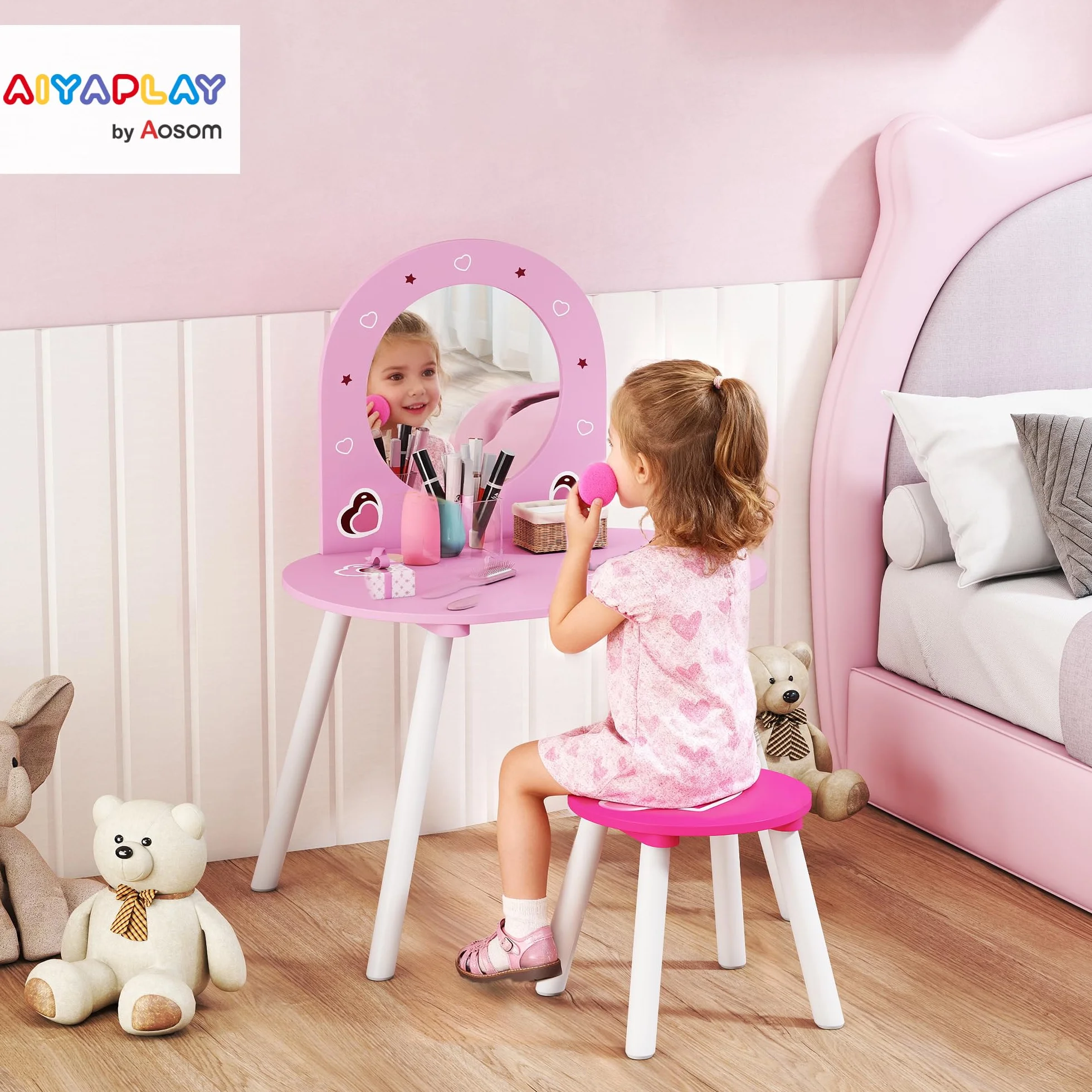 AIYAPLAY Tocador Infantil con Taburete y Espejo, Mesa de Maquillaje para Niñas 3-6 Años, Rosa
