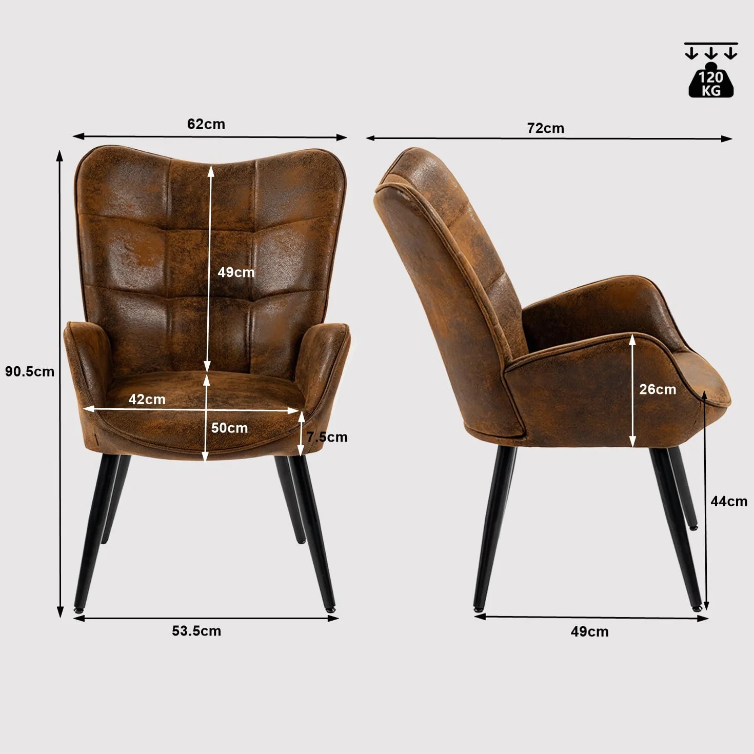 MEUBLE Cosy Sillón Nórdica Butaca de Salón para Dormitorio Silla Escandinavo con Respaldo y Reposabrazos Patas de Metal en Gamuza Marrón