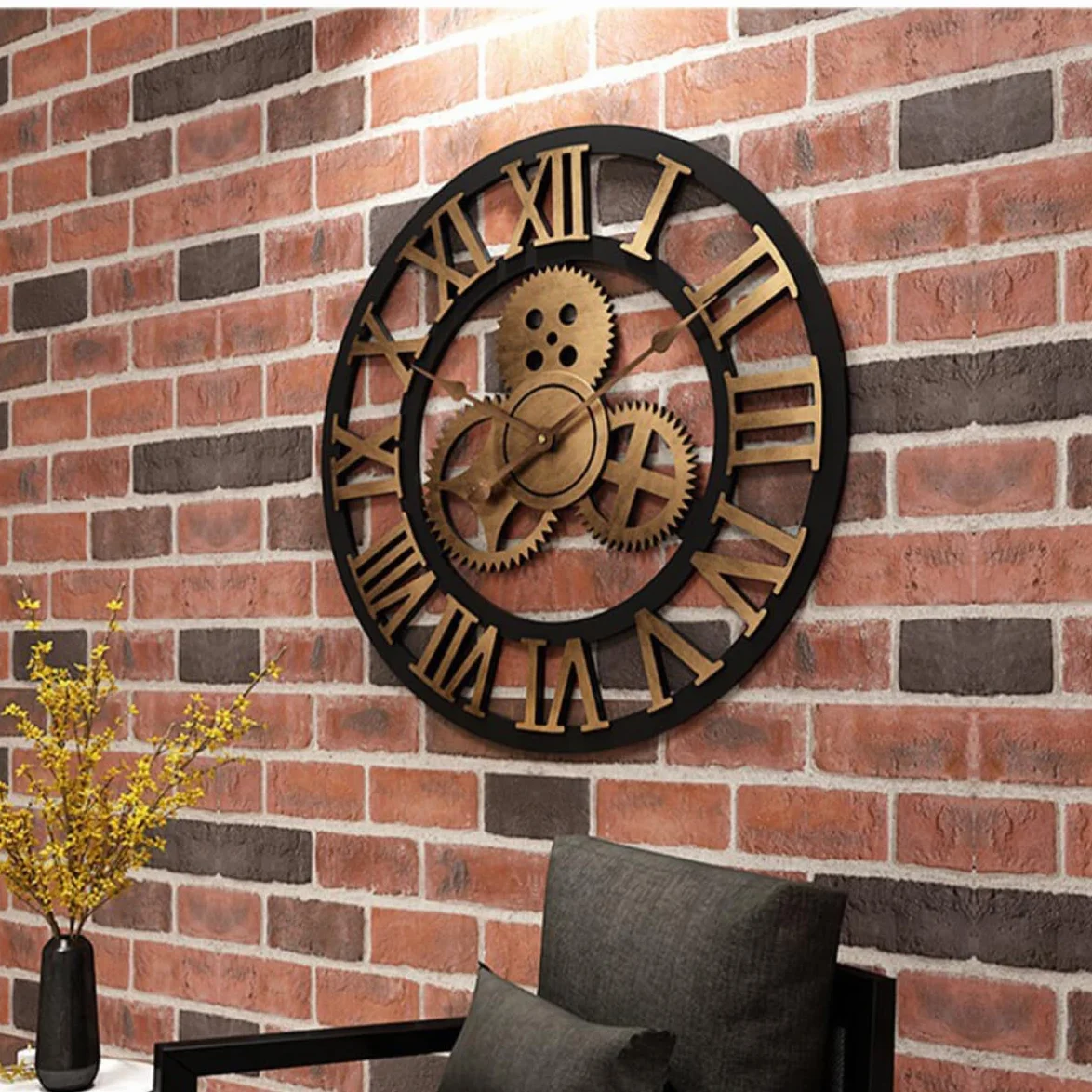 Reloj de Pared Creativo Industrial Mecanismo de Engranajes, Color Dorado, Material Metal y Madera, sin Ruido para Oficina y Sala Moderna