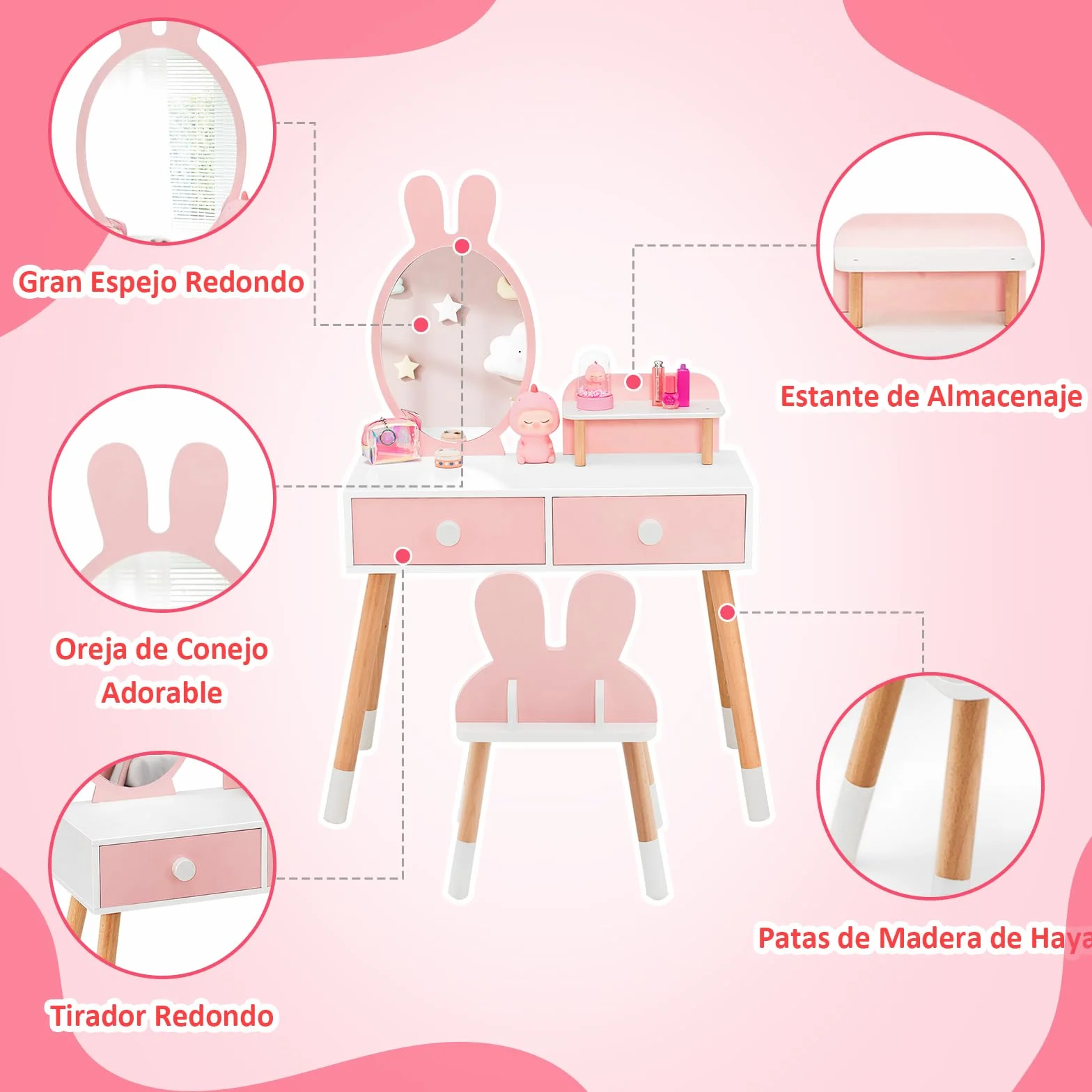 RELAX4LIFE 2 en 1 Tocador de Maquillaje para Niña con Espejo Extraíble, Taburete, 2 Cajones, 3 Accesorios, Madera, Rosa 3-7 Años