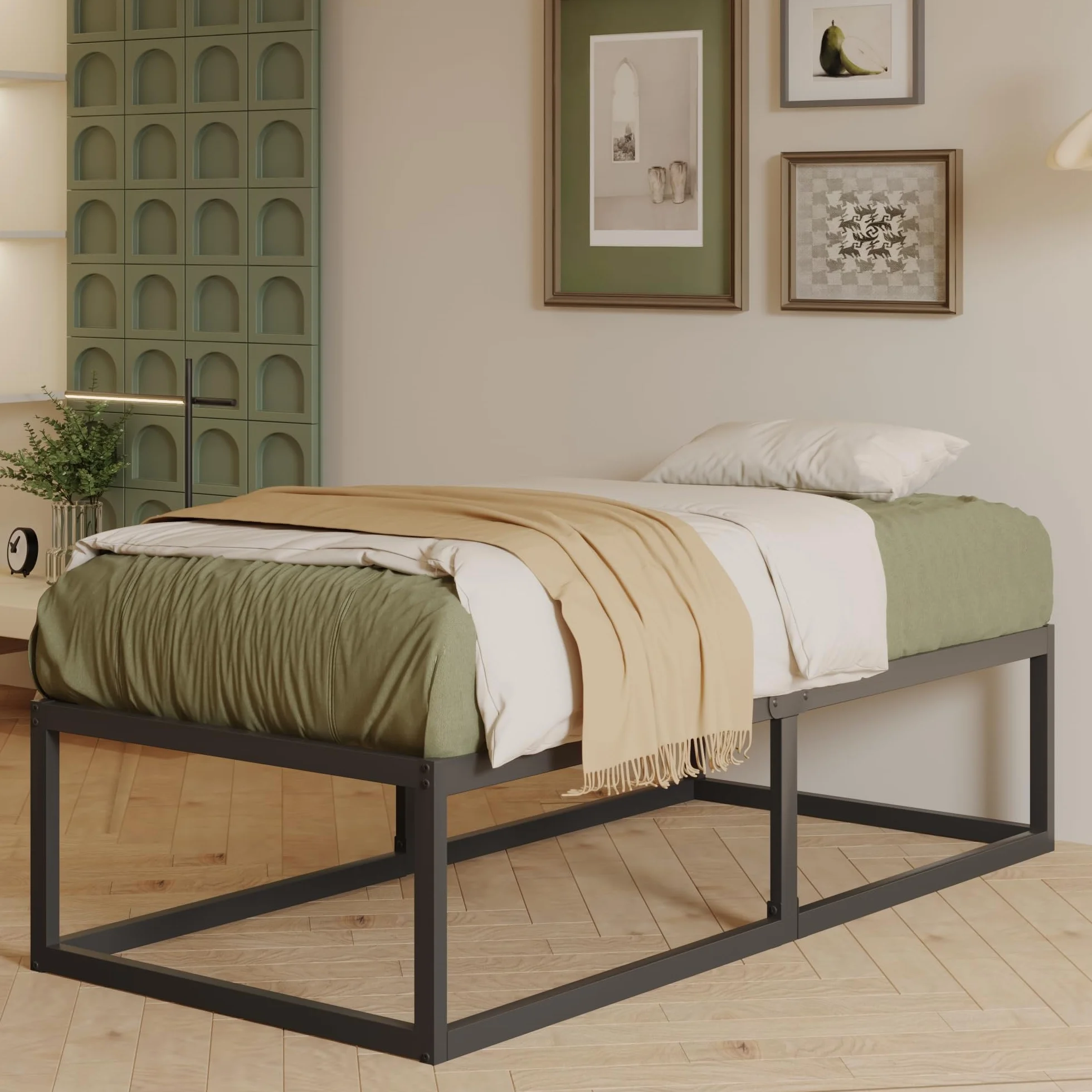 EMODA Cama Individual 90x190 cm Metálico Alto 46 cm, Estructura Cama Resistente con Soporte de Láminas Acero, Amplio Almacenamiento Inferior, Silenciosa, Montaje Sencillo, Negro
