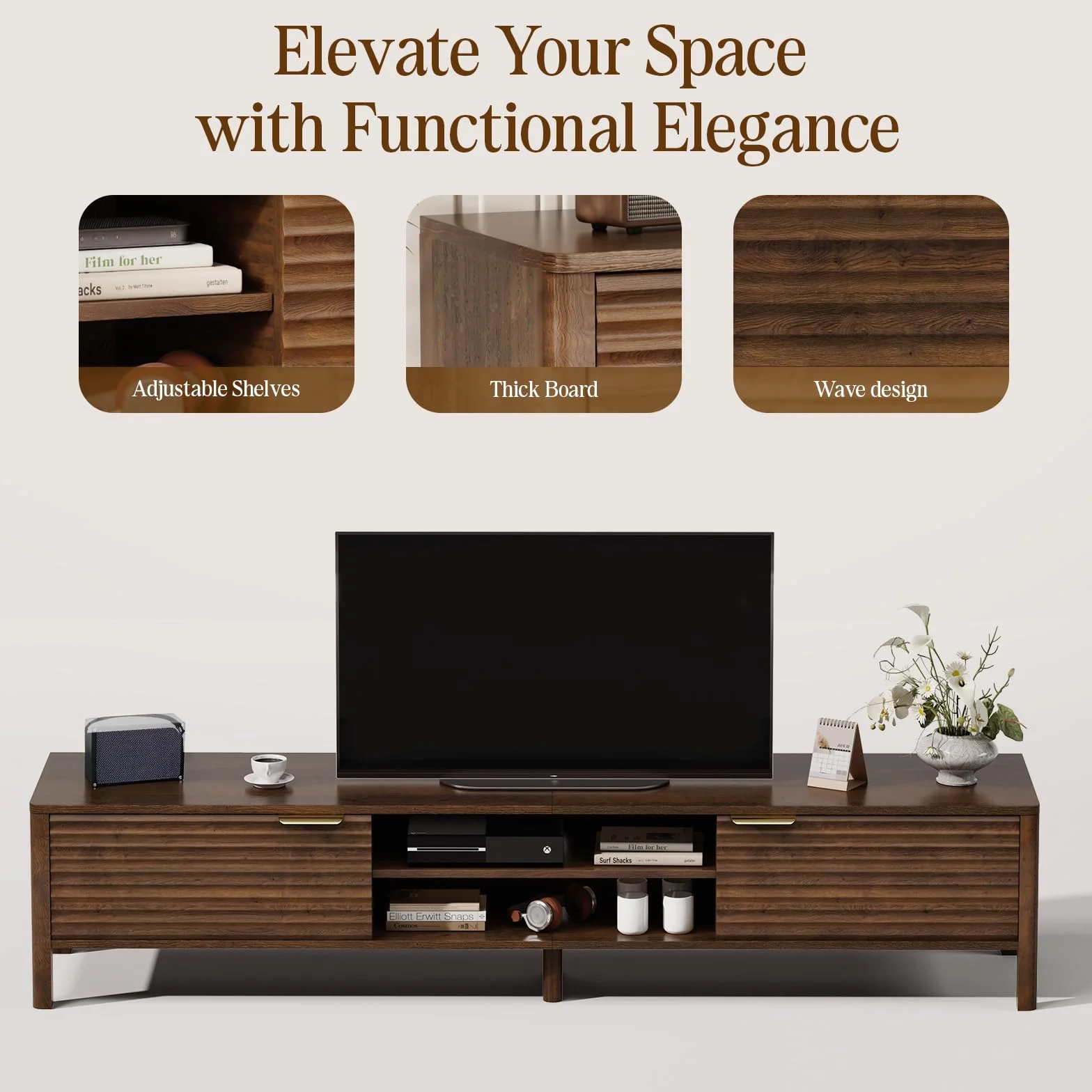 IKALIFE Mueble TV Madera Marrón 200 cm - Mueble de TV con Estantes Ajustables y Gestión de Cables, para Televisores de hasta 80 Pulgadas, para Salón y Dormitorio