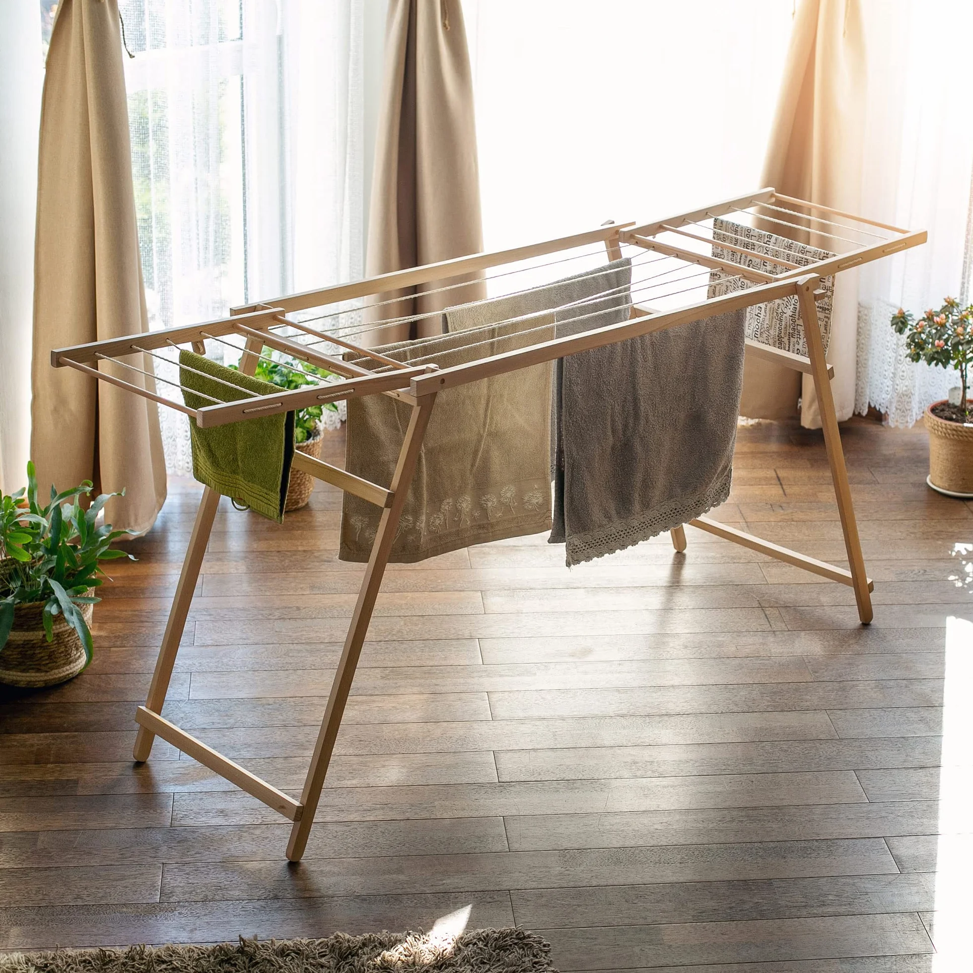 KADAX Tendedero de madera, 177 cm de largo, plegable, tendedero de madera, tendedero plegable, 80 cm de alto, color marrón