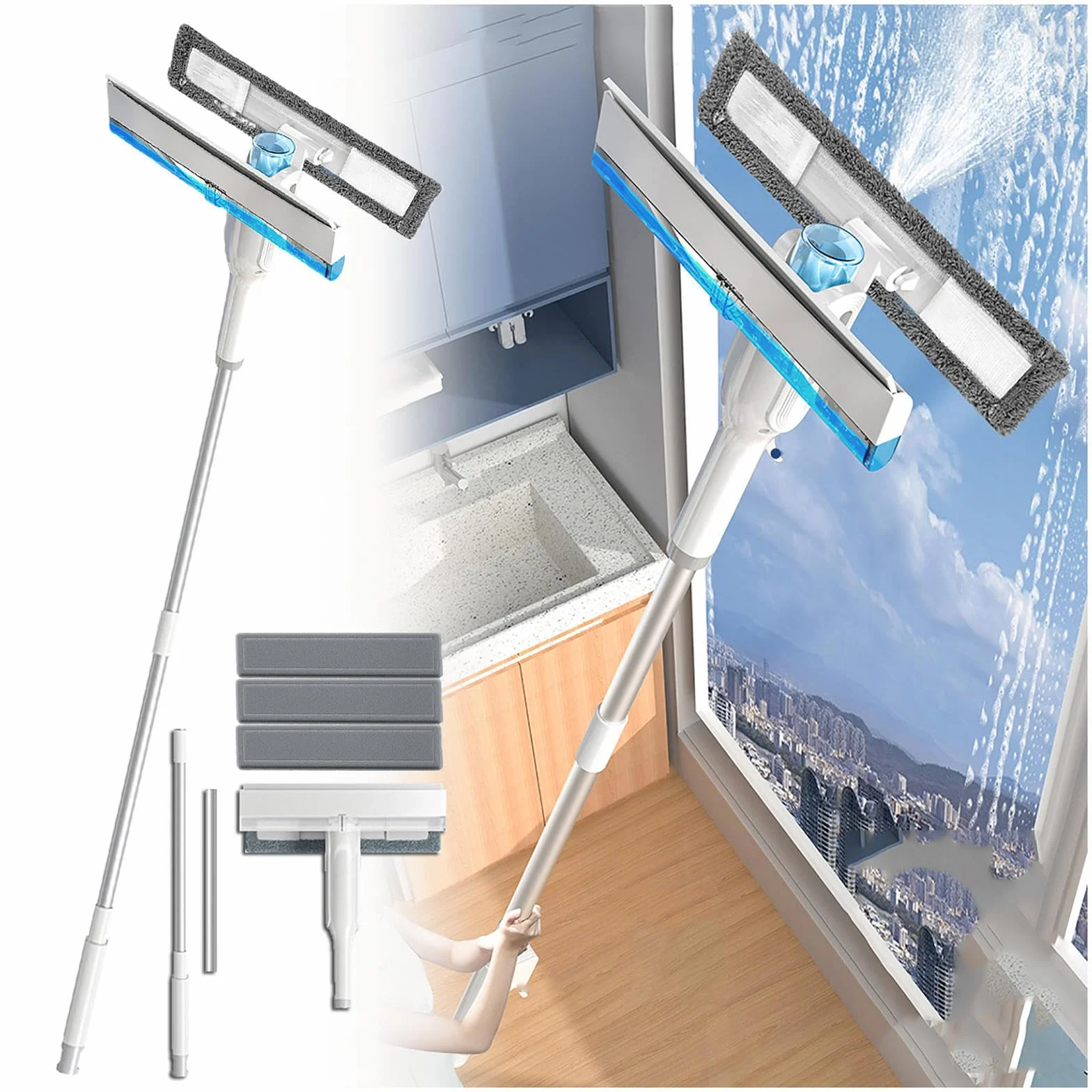 4 en 1 Spray Limpiacristales Coche con Colector De Aguas Residuales Y 3 Paños Microfibra, Limpiacristales con Varilla De Extensión para Ventanas Altas Interiores/Exteriores