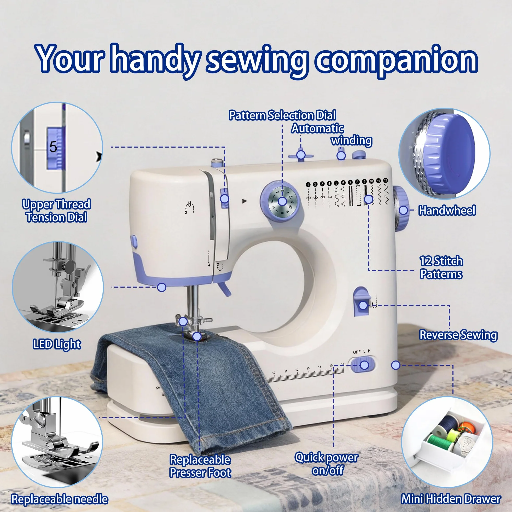 Stoigeld - Máquina de coser para principiantes con 20 piezas de tela y 32 piezas. Agujas 10 piezas/1 bolsa. Kit de hilos de coser, máquina de coser portátil con 12 puntadas integradas y 2 velocidades