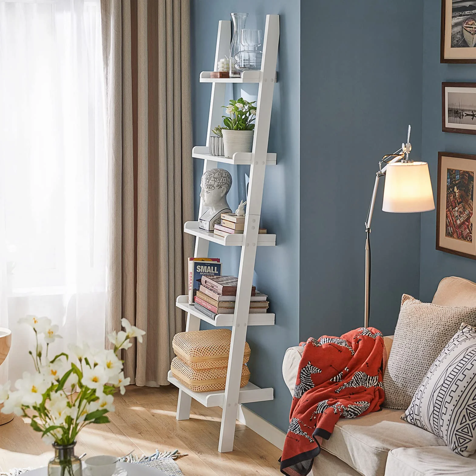 SoBuy Estantería Escalera 5 Estantes Soporta hasta 5kg/Estante 56x32x189cm | librería de pared en MDF blanco, diseño moderno, para salón u oficina FRG17-W
