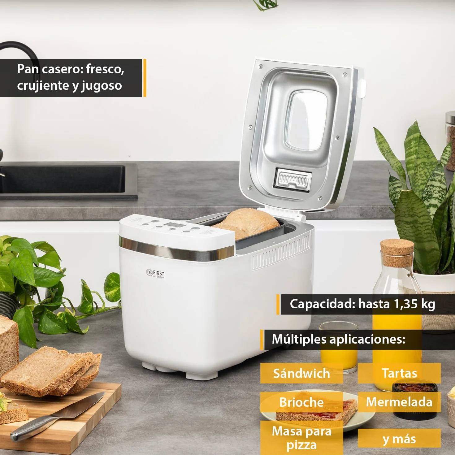 TZS First Austria - Panificadora 850W - Para panes de 900g y 1350g - 14 Programas automáticos - Tostado ajustable, Temporizador y Función mantener caliente