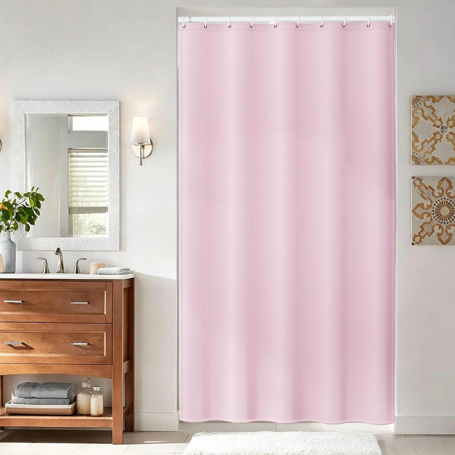 Cortina de Ducha de Tela 240 x 80 cm Cortina de Ducha Resistente Al Moho - Antimoho, Impermeable, Lavable, de Poliéster con Ojales y Anillos, para Baño, Bañera, Rosa