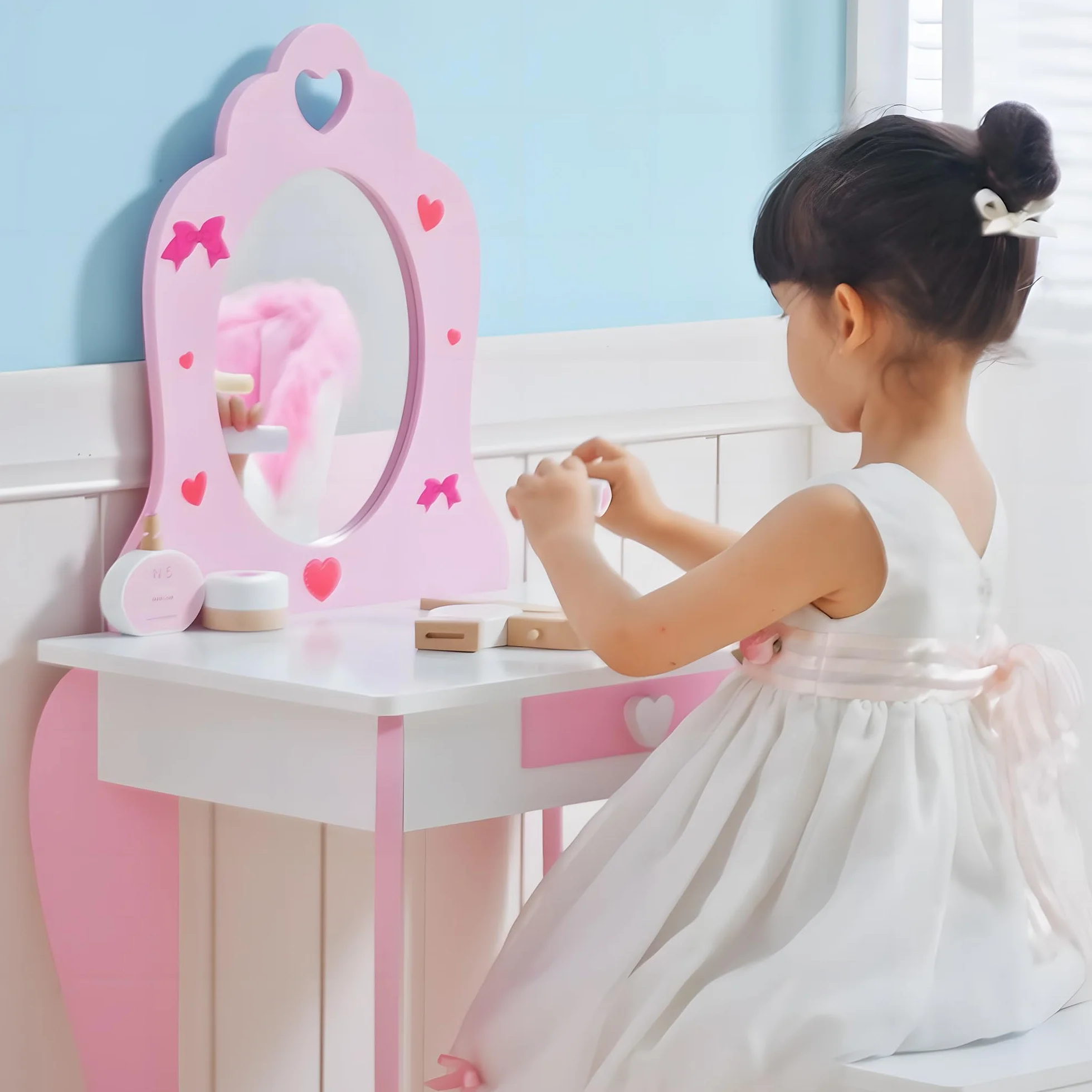 ZONEKIZ Tocador Infantil Madera con Espejo y Taburete para Niñas 3-6 Años 50x36,5x89,5 cm Rosa
