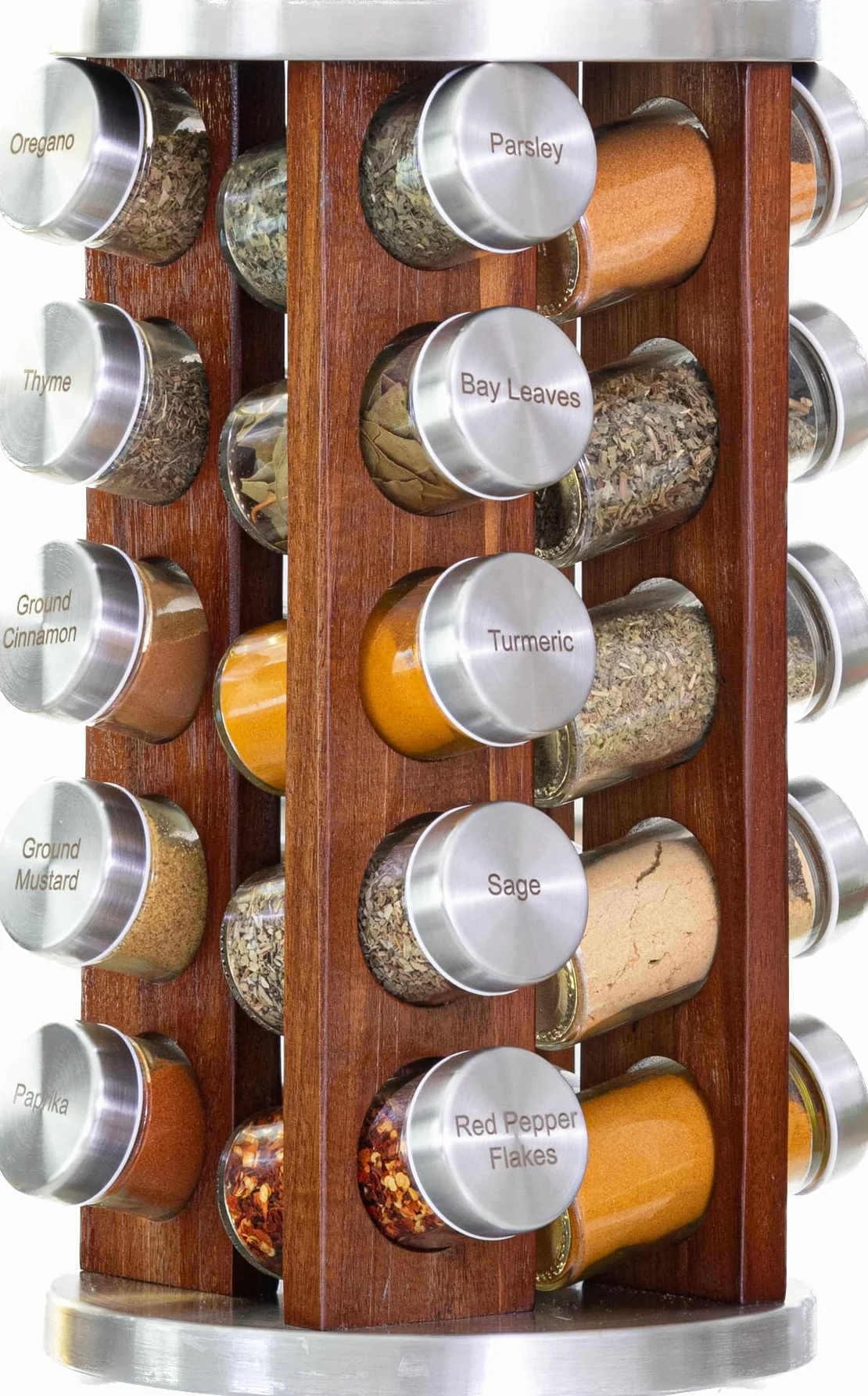 Orii Estante para especias de 20 tarros con especias incluidas, organizador de torre para especias y condimentos de cocina, recambios de especias gratis durante 5 años (madera de acacia teñida oscura)