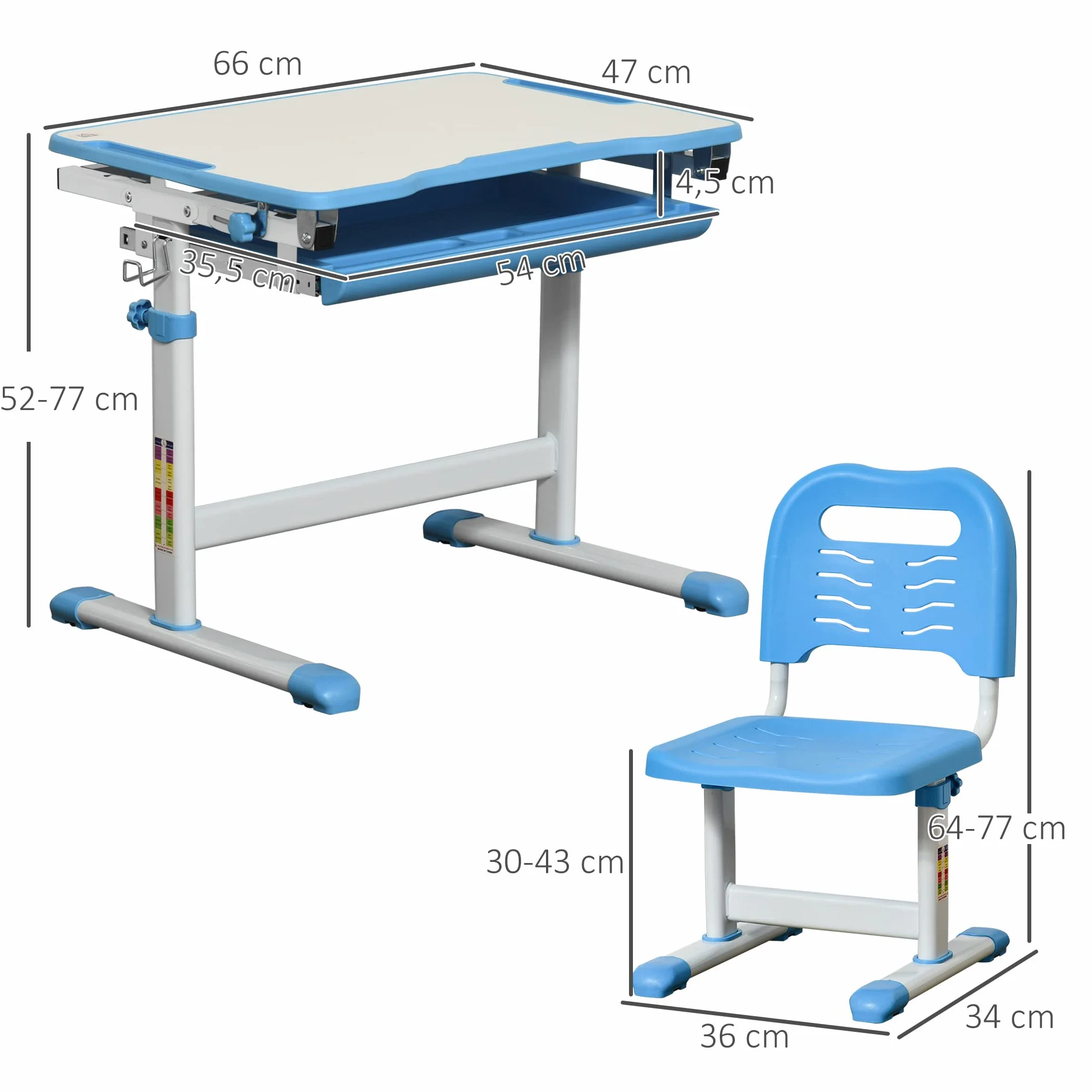HOMCOM Pupitre Infantil 2 en 1 Escritorio y Silla Ajustable para Niños +6 Años Mesa Regulable Ángulo Bandeja Deslizante 66x47x77 cm Azul